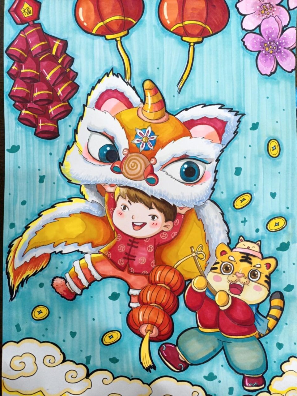 元旦新年春节主题画 #马克笔手绘# #画画# #少儿美术# #元旦主题画