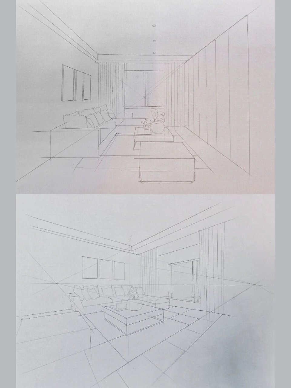 同一空间 成角透视 余角透视 室内手绘