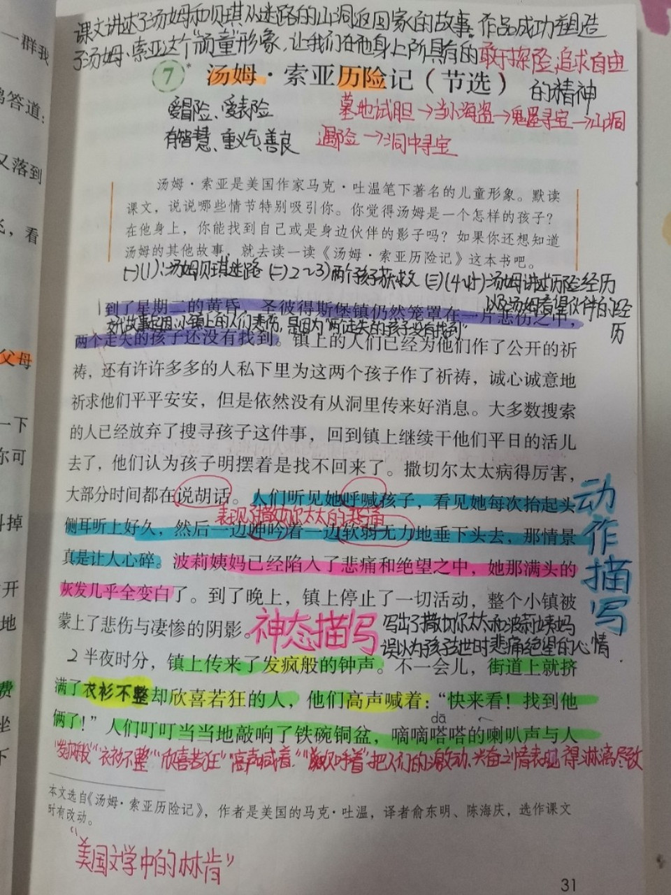 六年级下册语文笔记第七课 第七课《汤姆·索亚历险记》