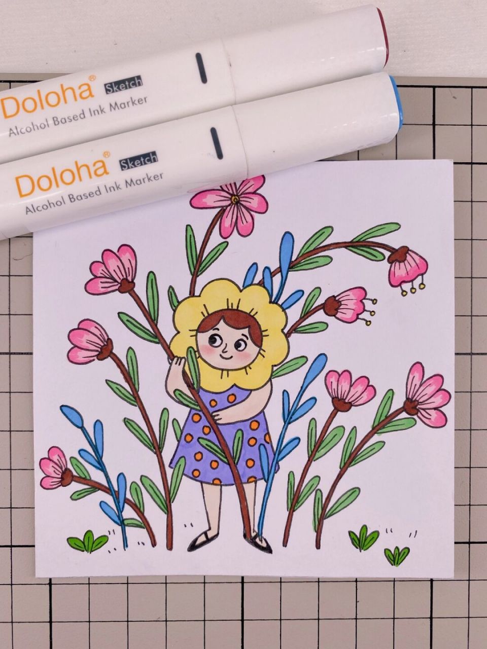 第295幅|花丛中的女孩卡通画,马克笔画.