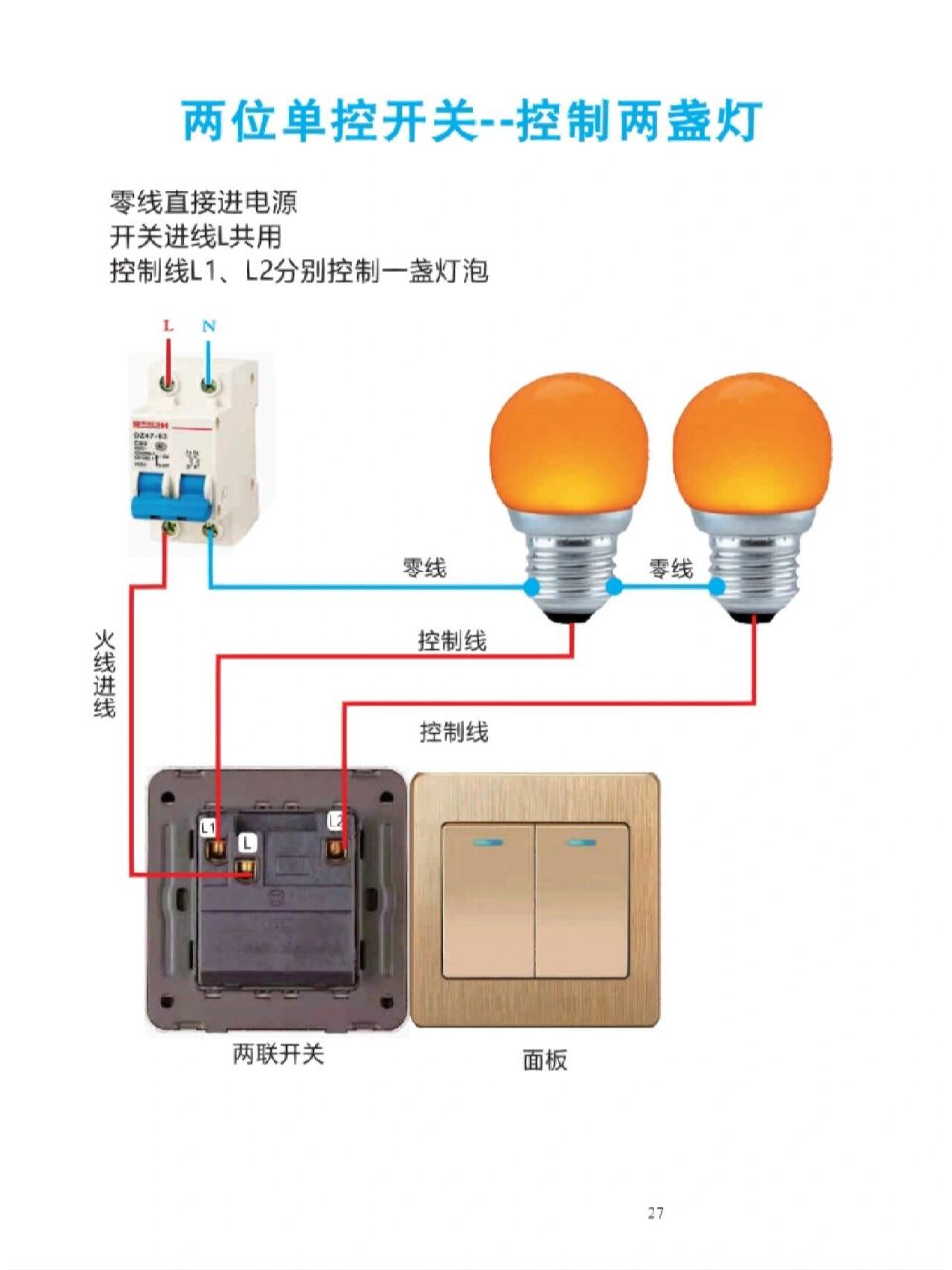 兩個單控開關控制兩盞燈!