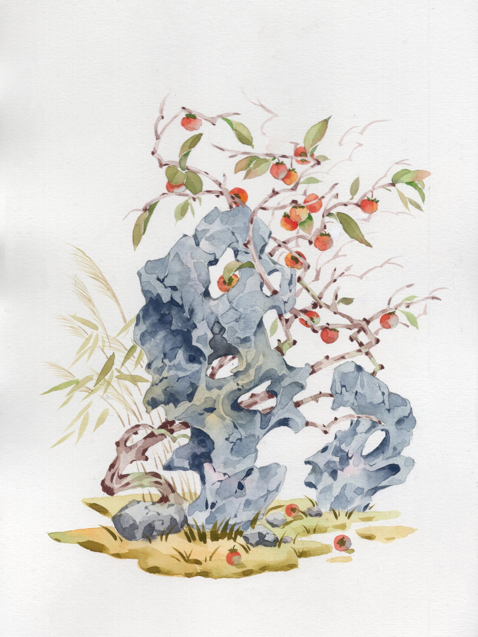 古风水彩秋季太湖石