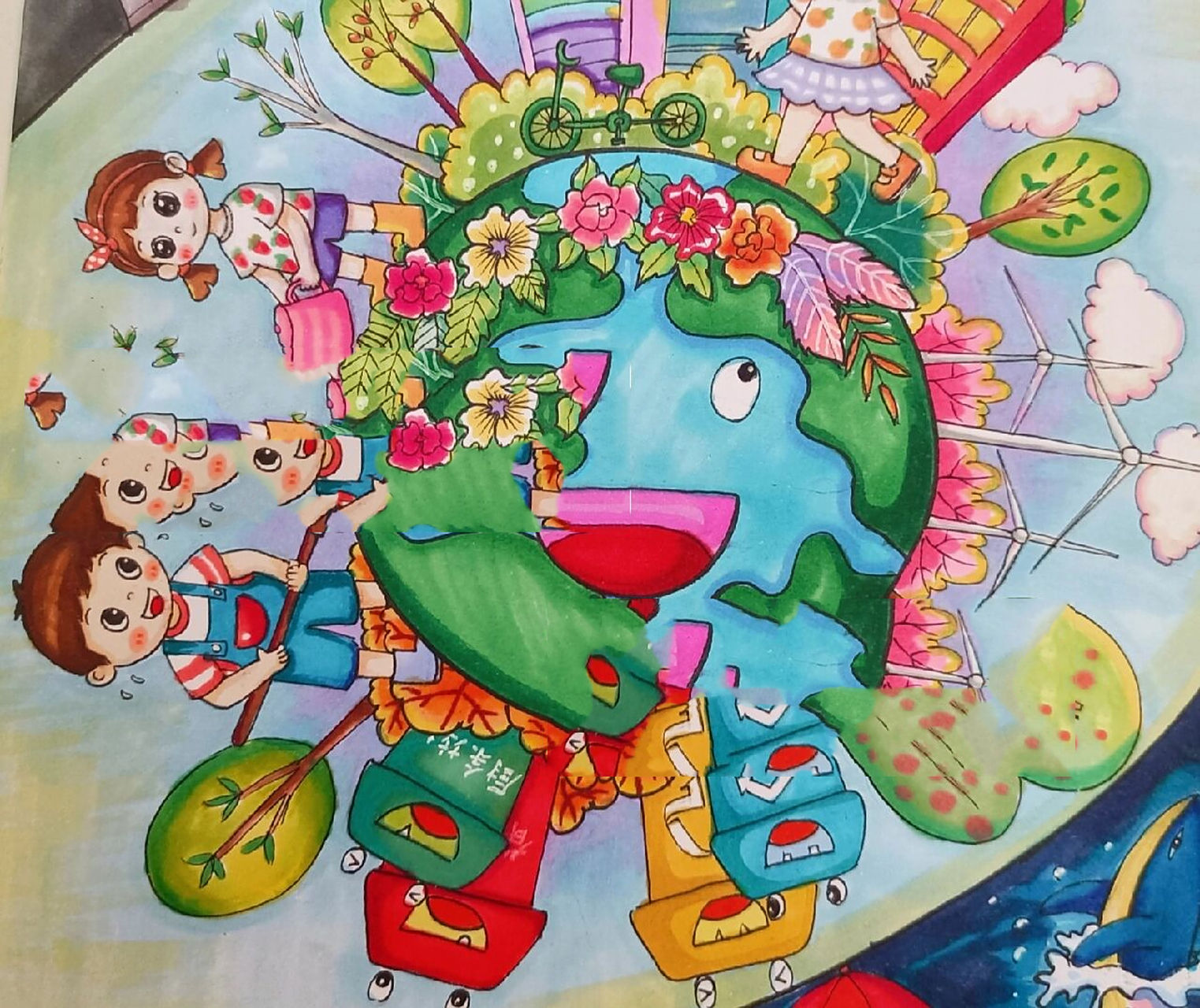 低碳环保主题画,保护地球主题画,垃圾分类 低碳环保主题儿童画,保护