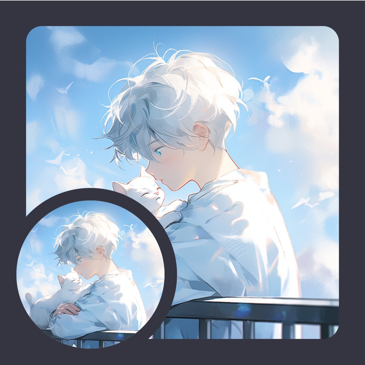 纯真时刻:阳光下的的少年与猫咪(头像) 天空湛蓝如梦幻, 阳台上少年与