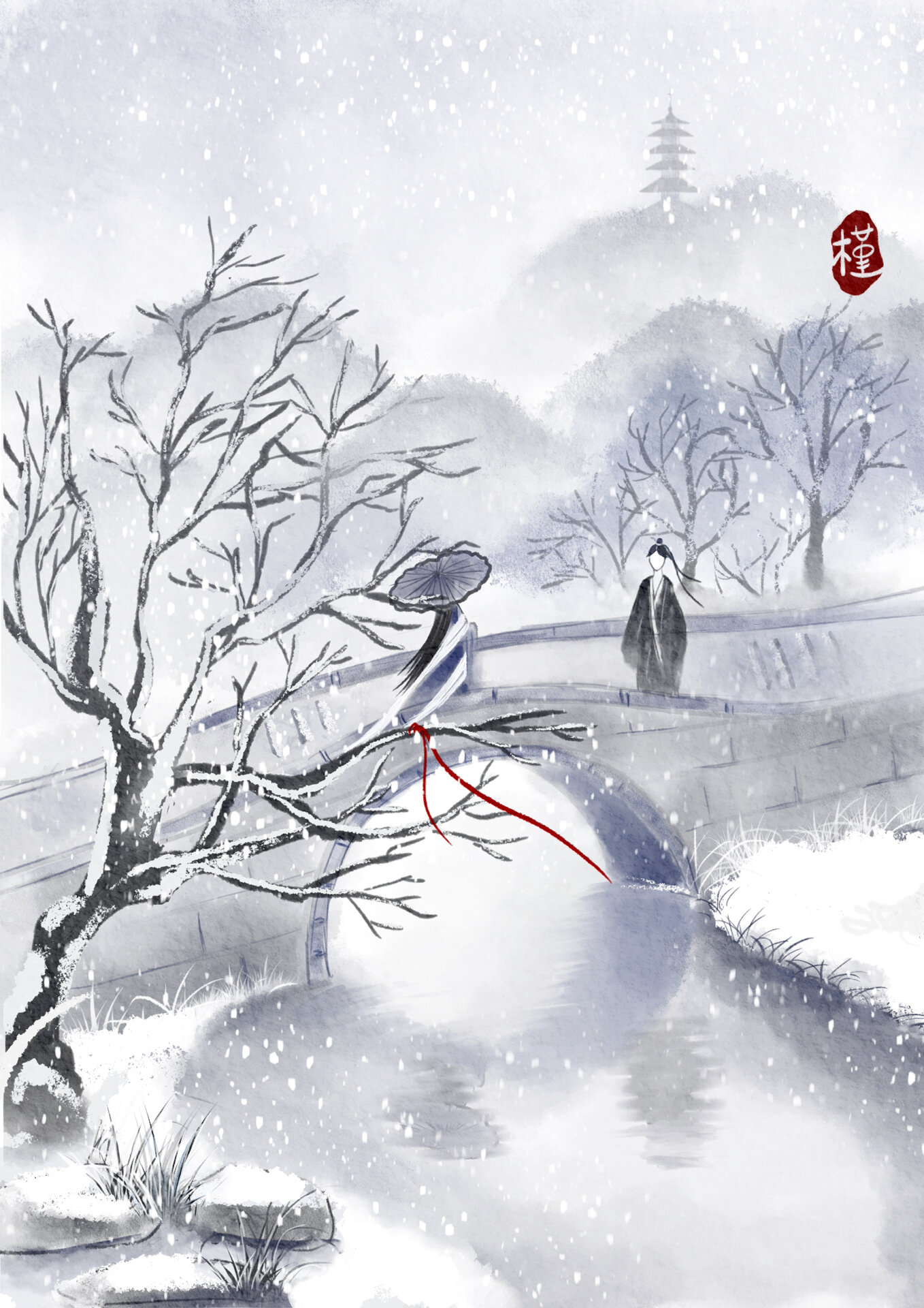 ipad古风场景插画 断桥残雪