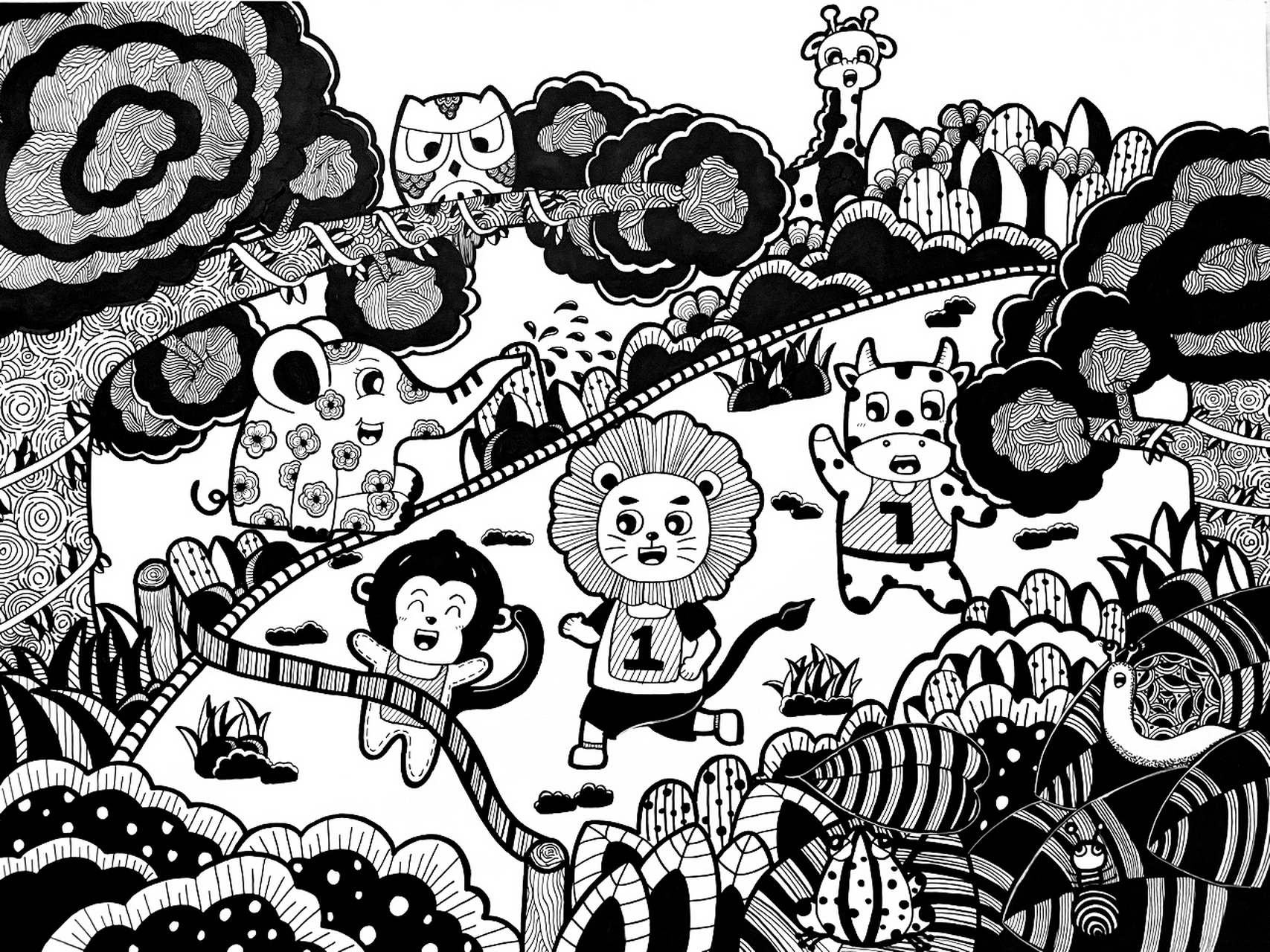 森林运动会儿童简笔画|黑白线描儿童画画 99儿童主题简笔画黑白线描