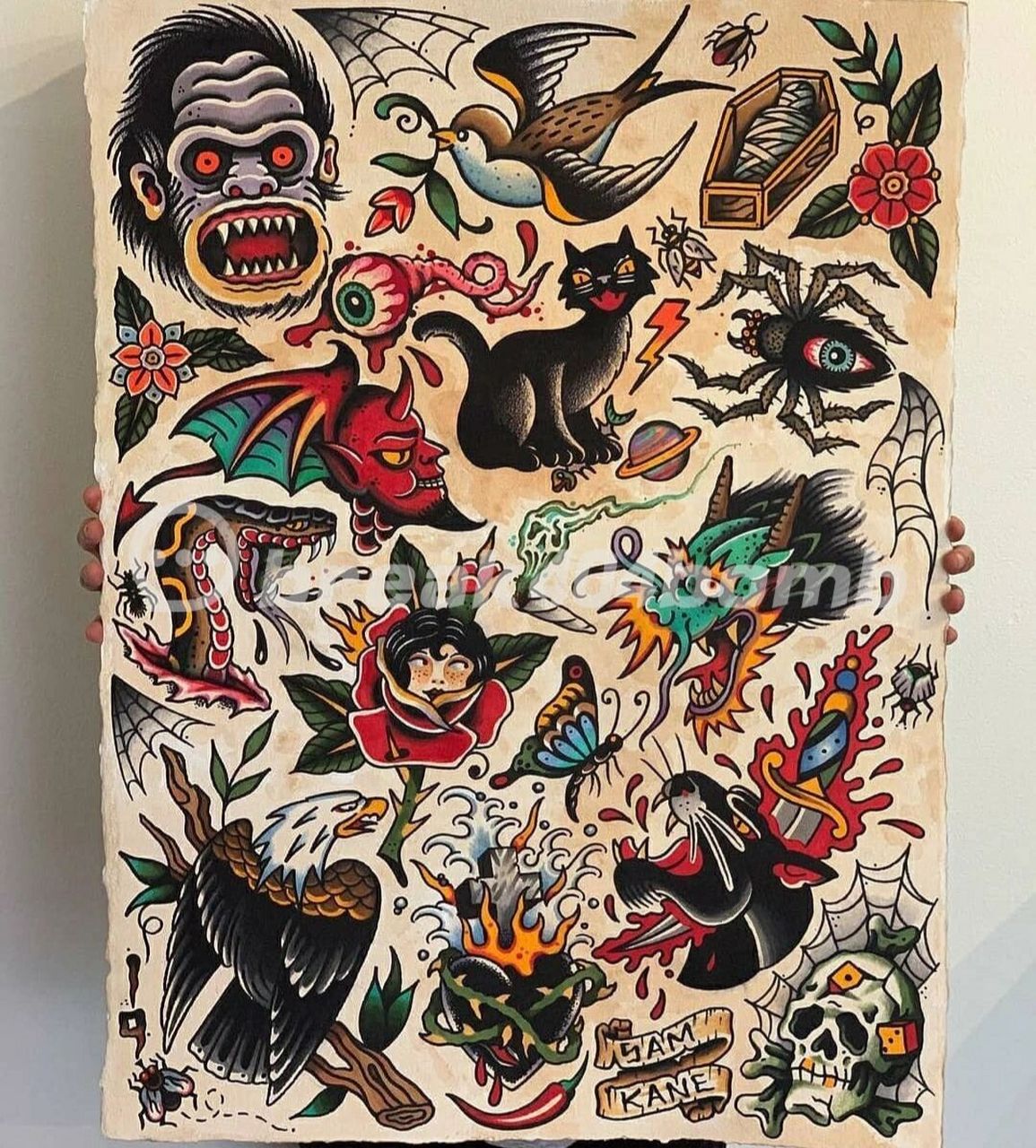 彩色oldschool纹身手稿|花臂拼接素材 适合喜欢彩色的欧美拼接花臂 小