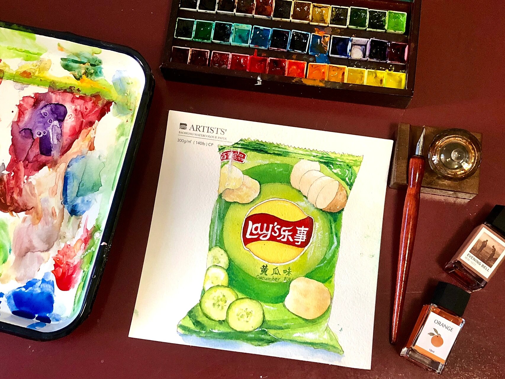水彩画零食|钢笔淡彩|手帐插画|薯片 乐事薯片黄瓜味的嘎吱嘎吱脆脆香