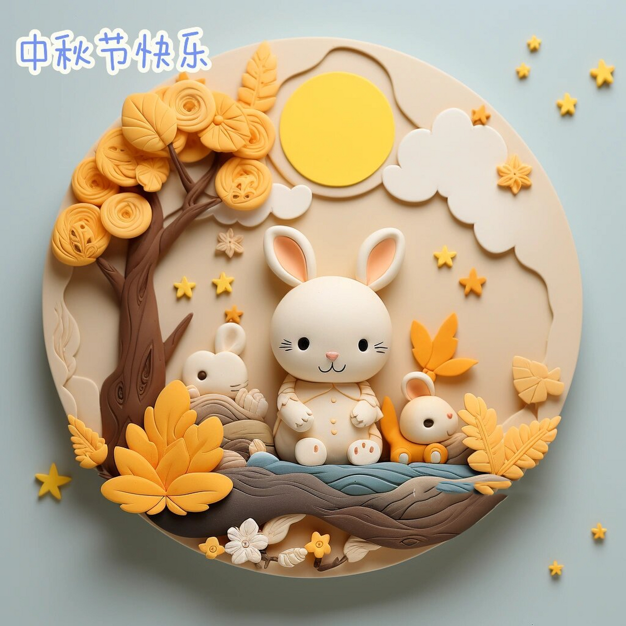 粘土~中秋节快乐兔子创意手工粘土画 小兔子祝大家中秋节快乐,万事