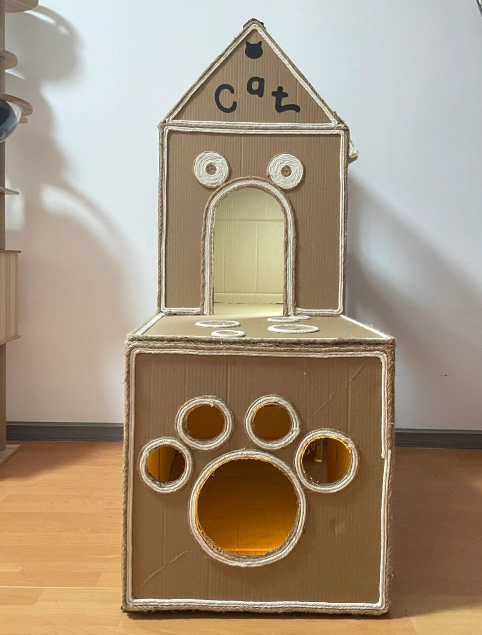 本想废物利用但是快把自己练废了 耗时一个双休打造的纸箱猫别墅 从