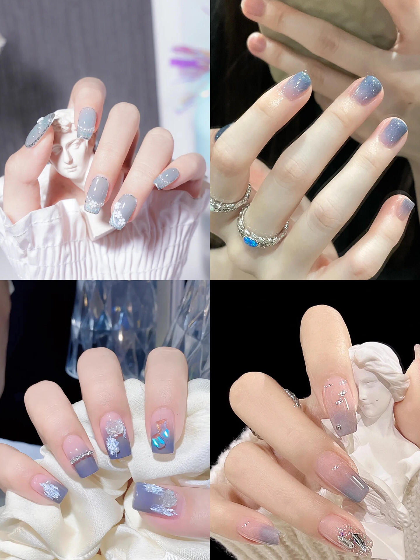 温柔气质雾霾蓝渐变美甲