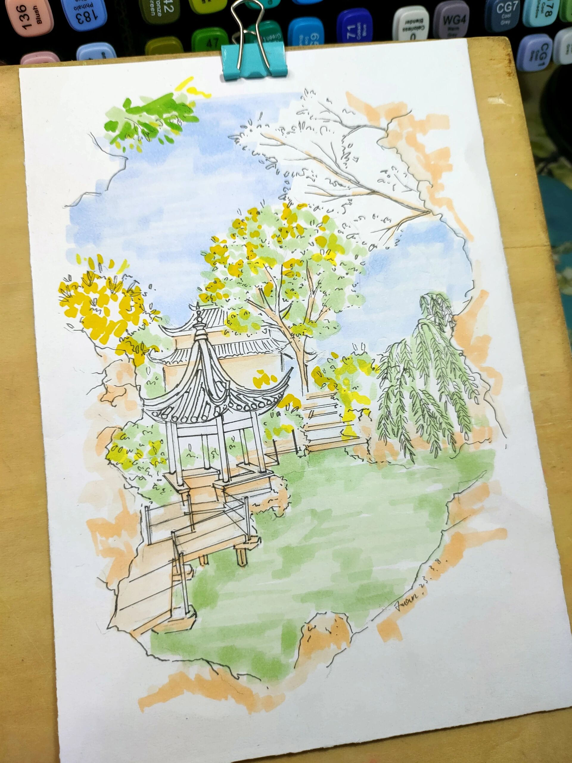 马克笔风景画《苏州园林–狮子林》