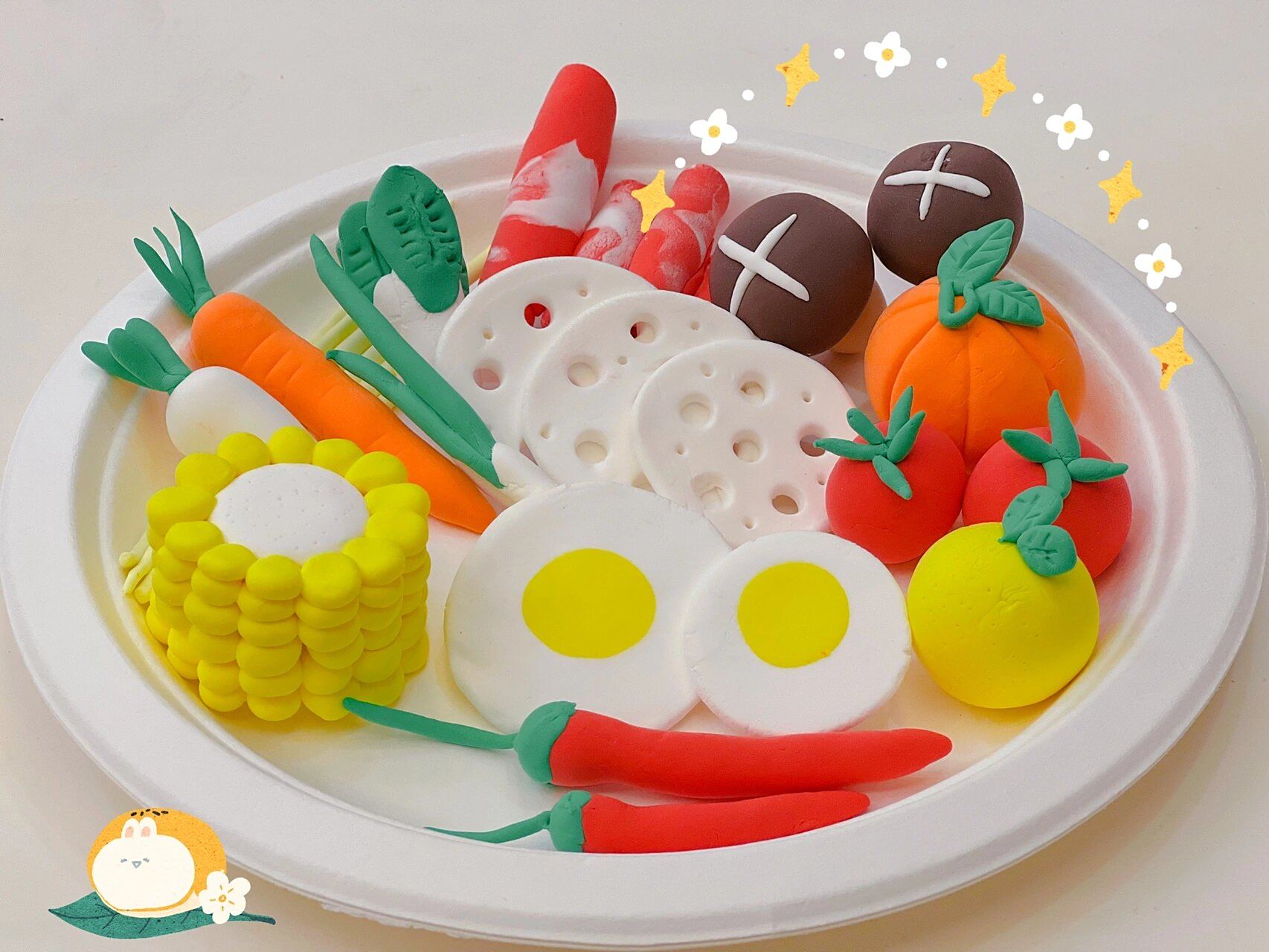 中秋亲子粘土作品～蔬菜拼盘～甜点盘 中秋粘土手作99母女三人一起