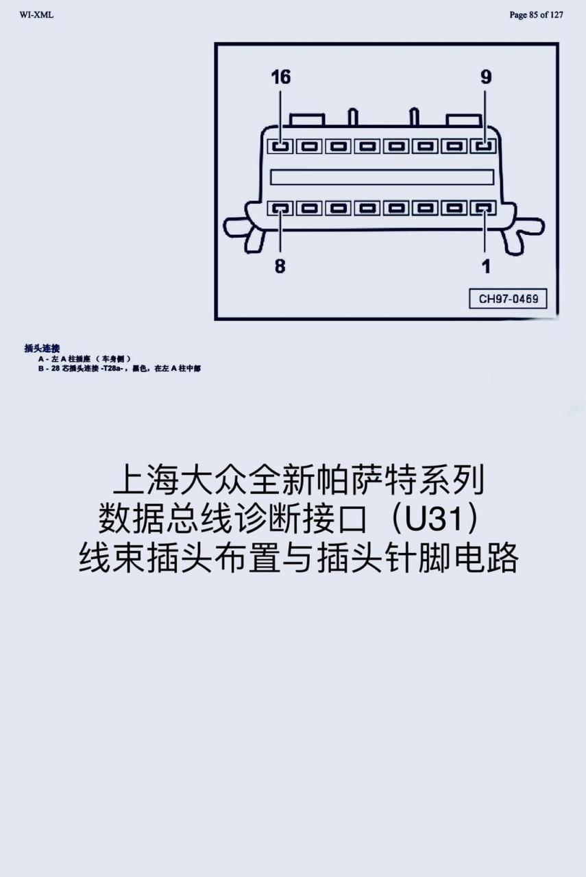 上海大众全新帕萨特系列,数据总线诊断接口(u31)安装位置,线束插头