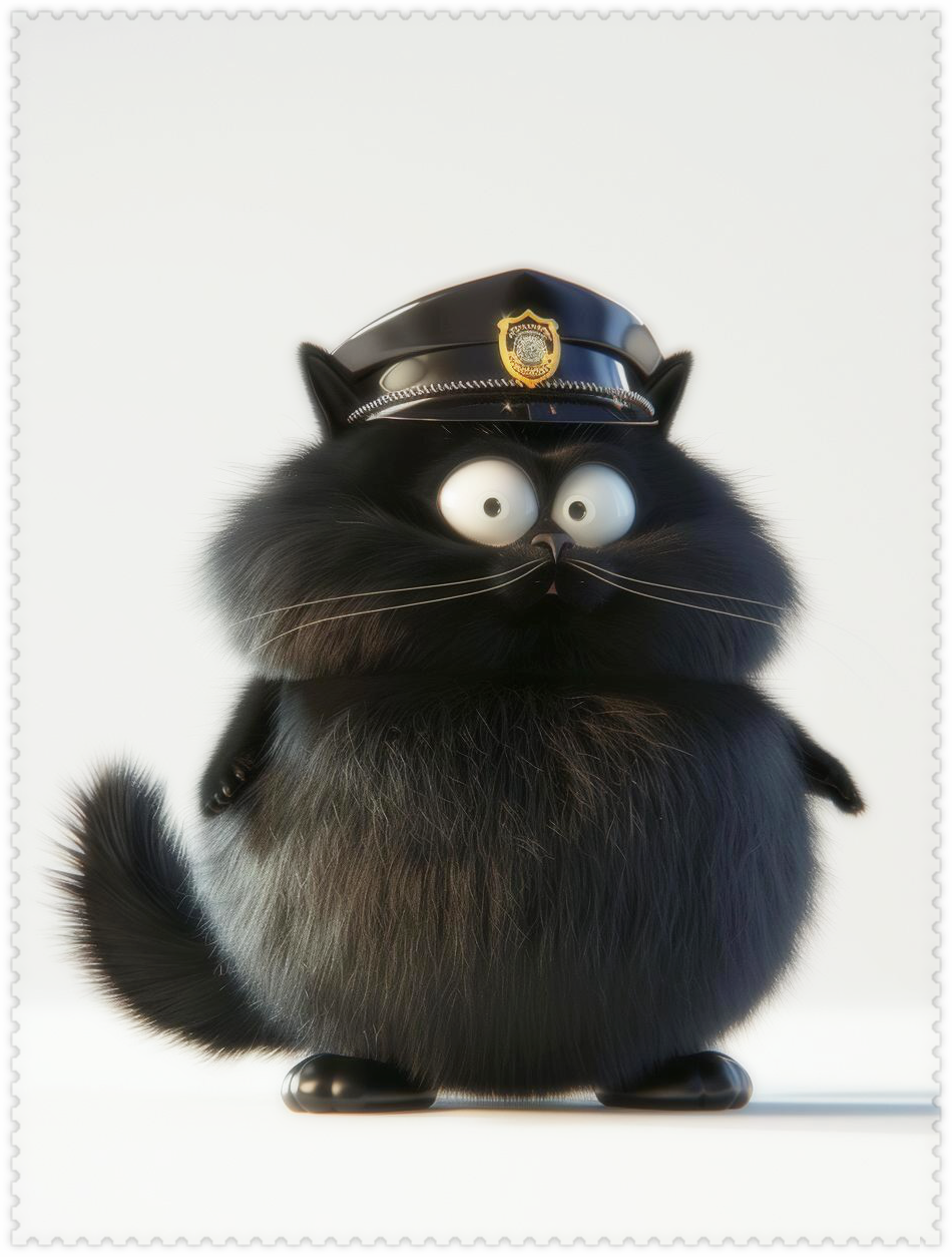 黑猫警长戴着一顶酷炫的帽子,眼神瞪得溜圆,仿佛在侦查什么神秘案件.