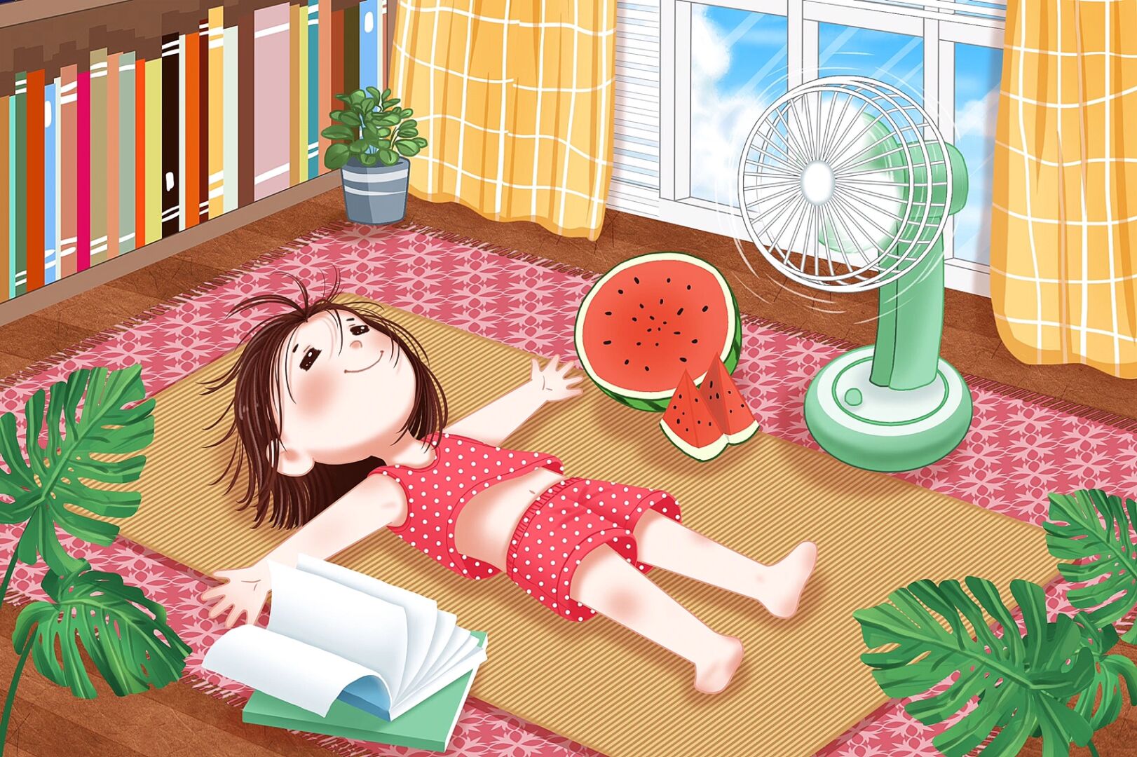 西瓜的图片躺着玩游戏卡通抱着电扇吃西瓜 80后夏日家里 吃西瓜 卡通