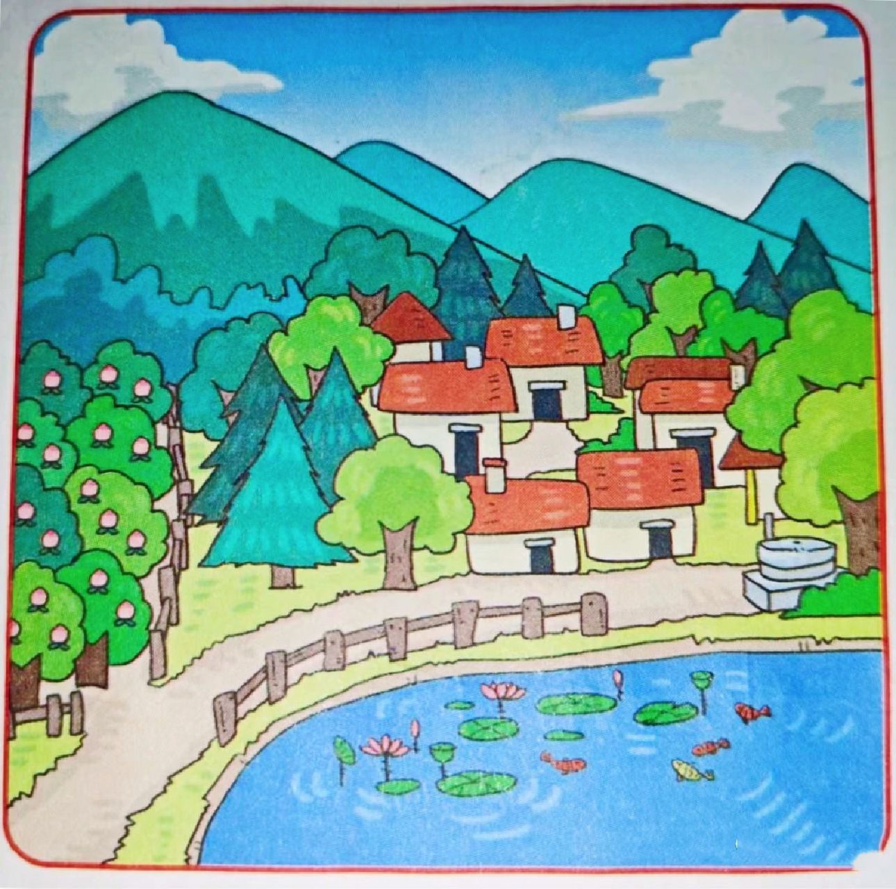 小山村的风景图绘画图片