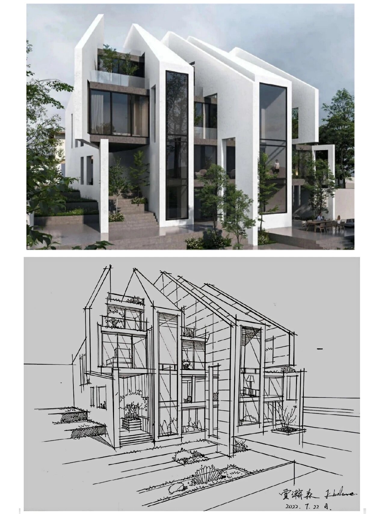 建筑手绘别墅两点透视练习