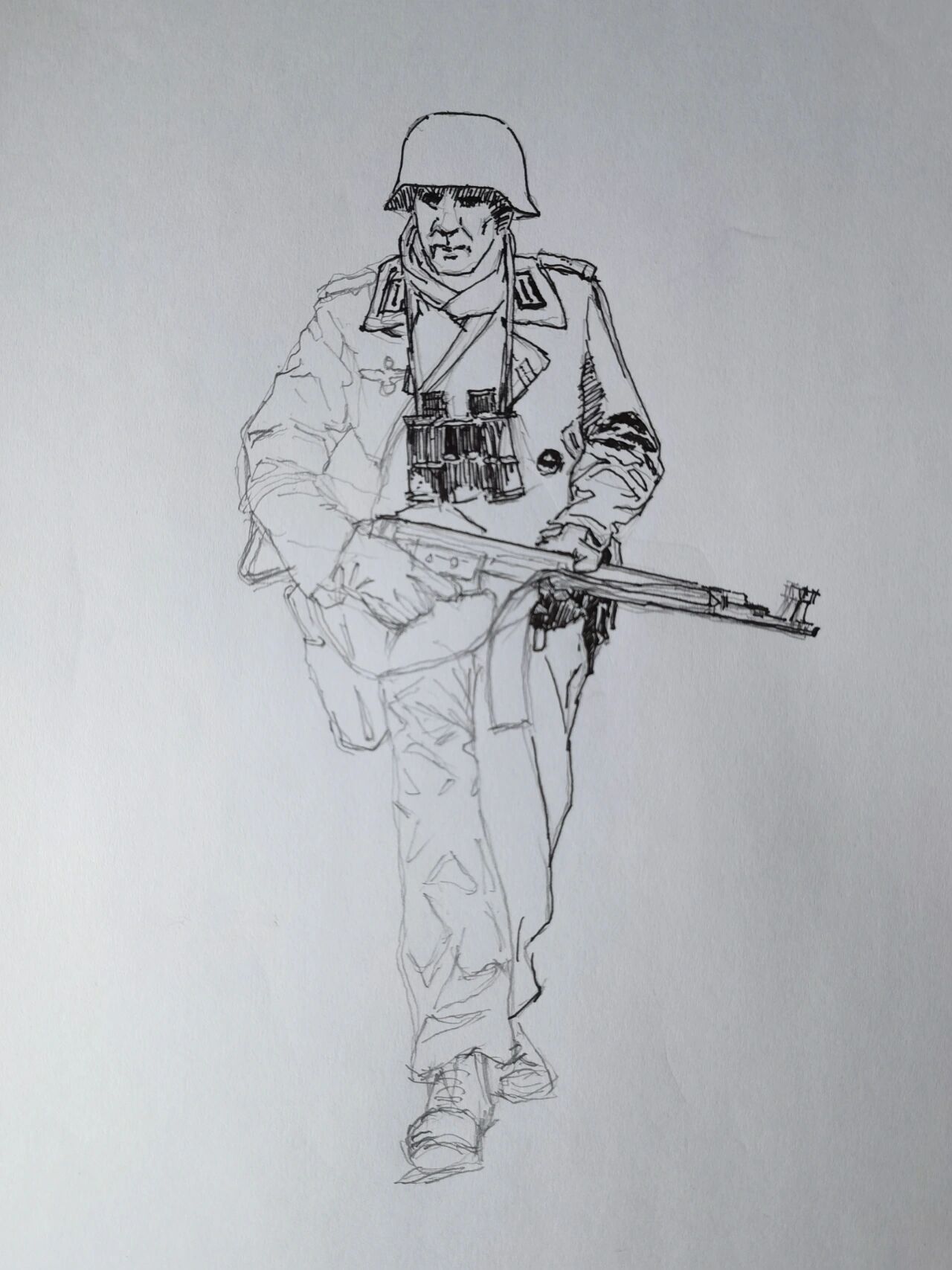 随手钢笔画德国兵,手里拿着突击步枪