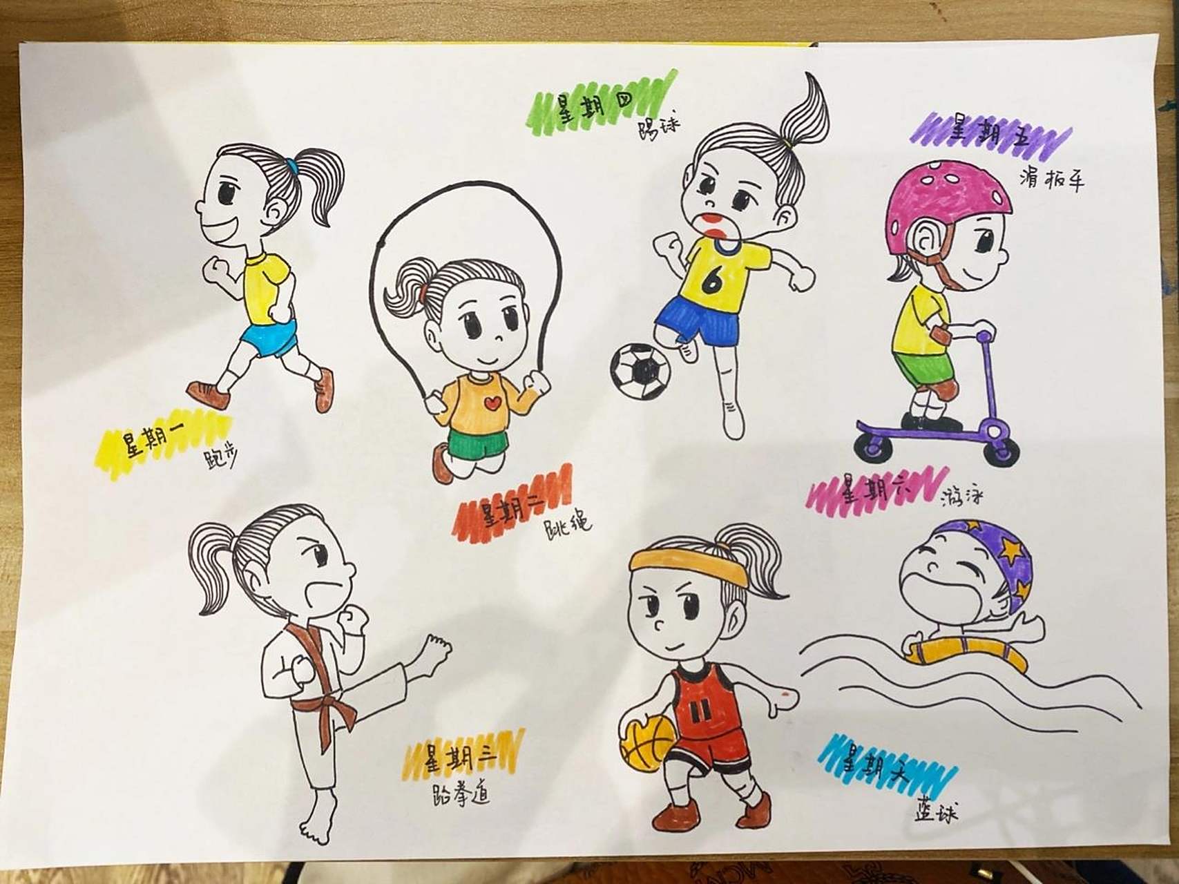 手抄报儿童一周运动计划(更新一张男孩) 帮朋友画的～一周家庭运动