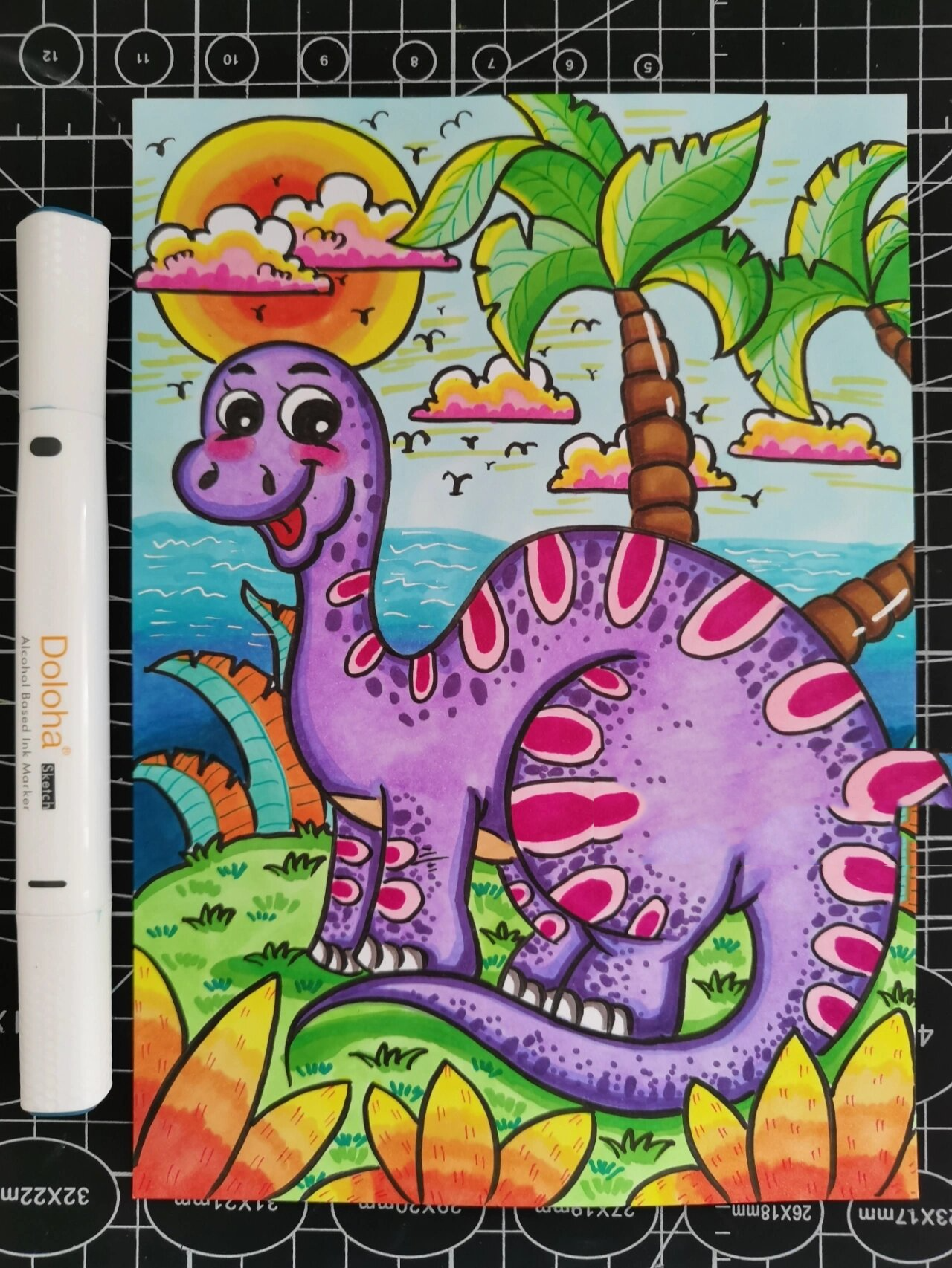 儿童画|《可爱的恐龙》|马克笔涂色|附线稿