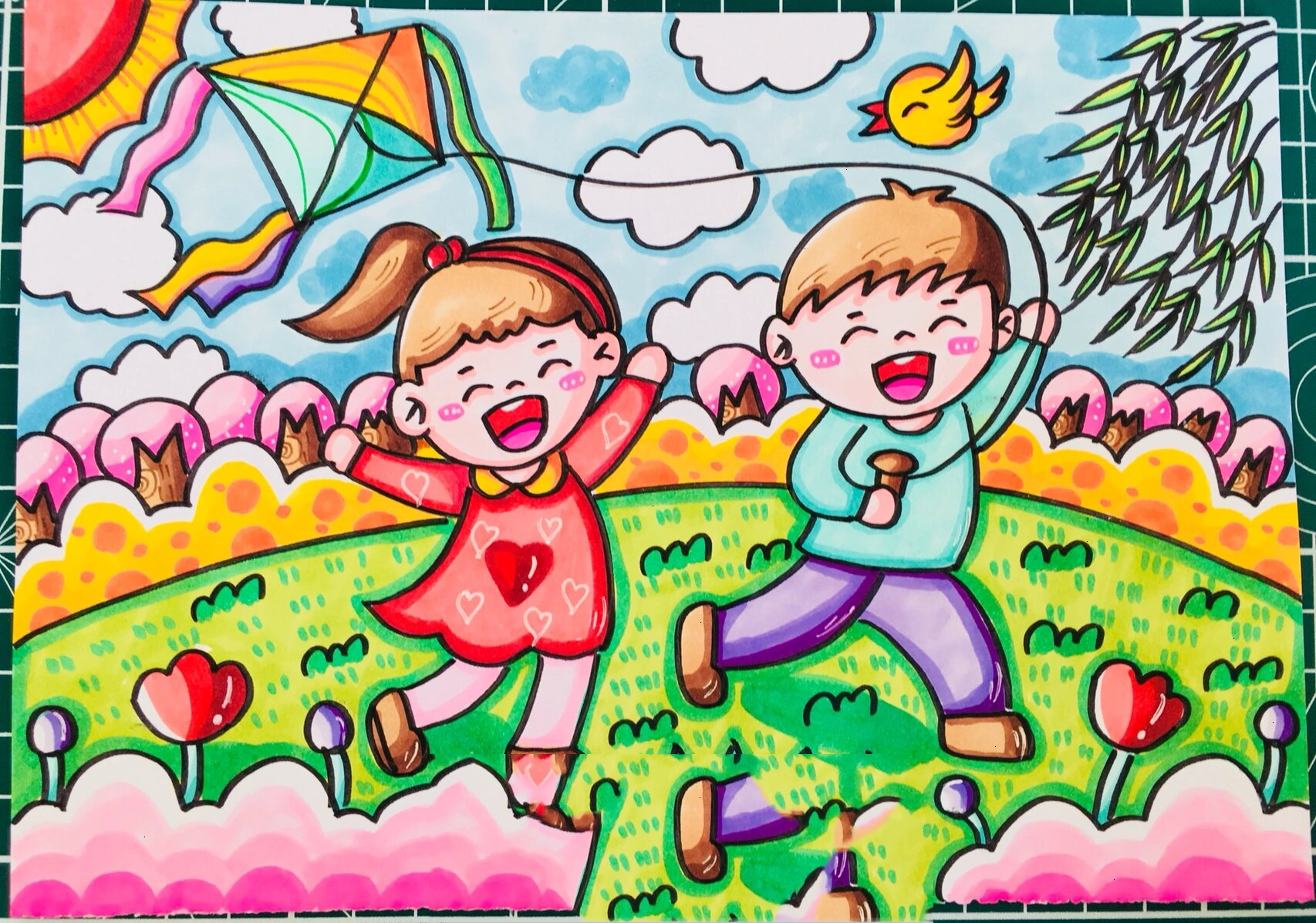 儿童画-227.放风筝/春天主题画