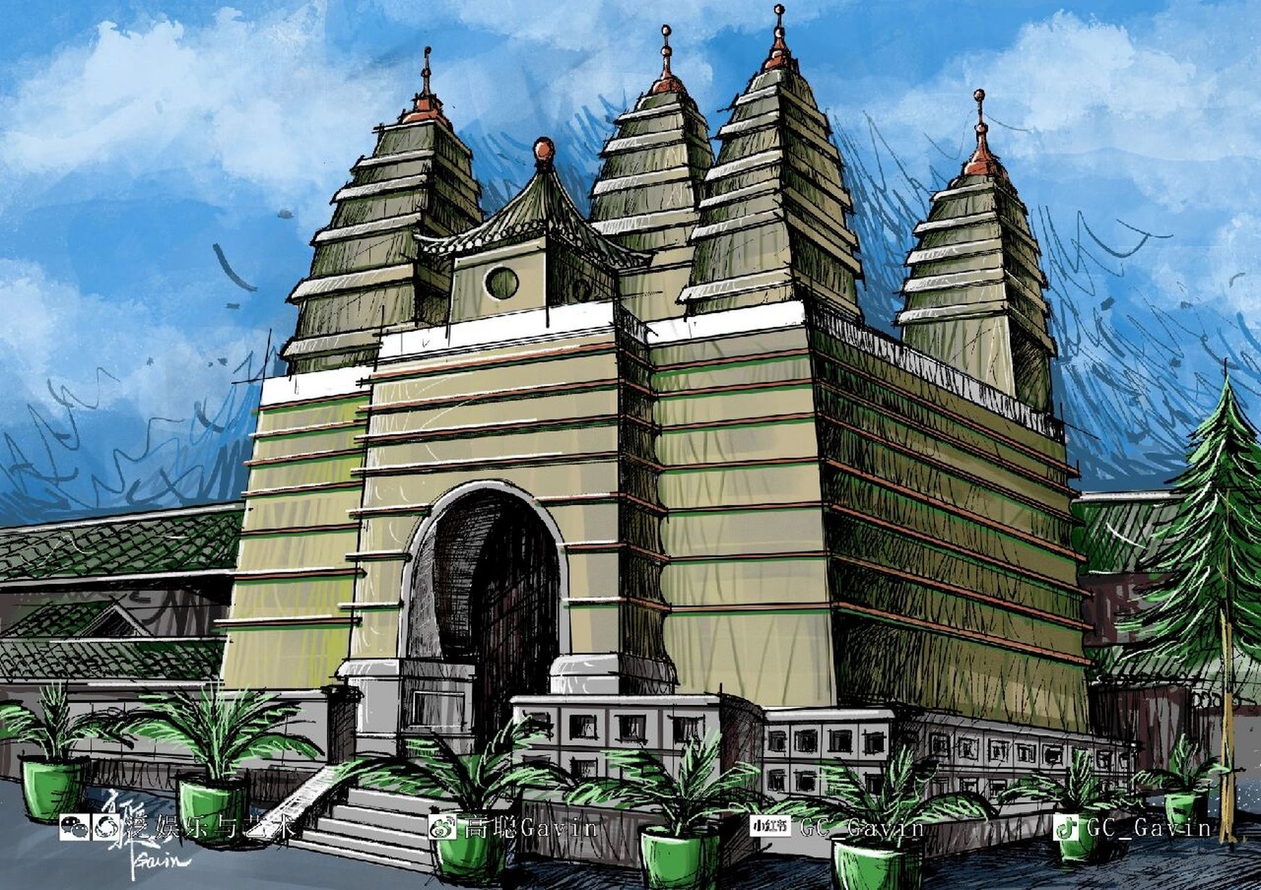 手绘内蒙古61呼和浩特五塔寺             五塔寺位于内蒙古