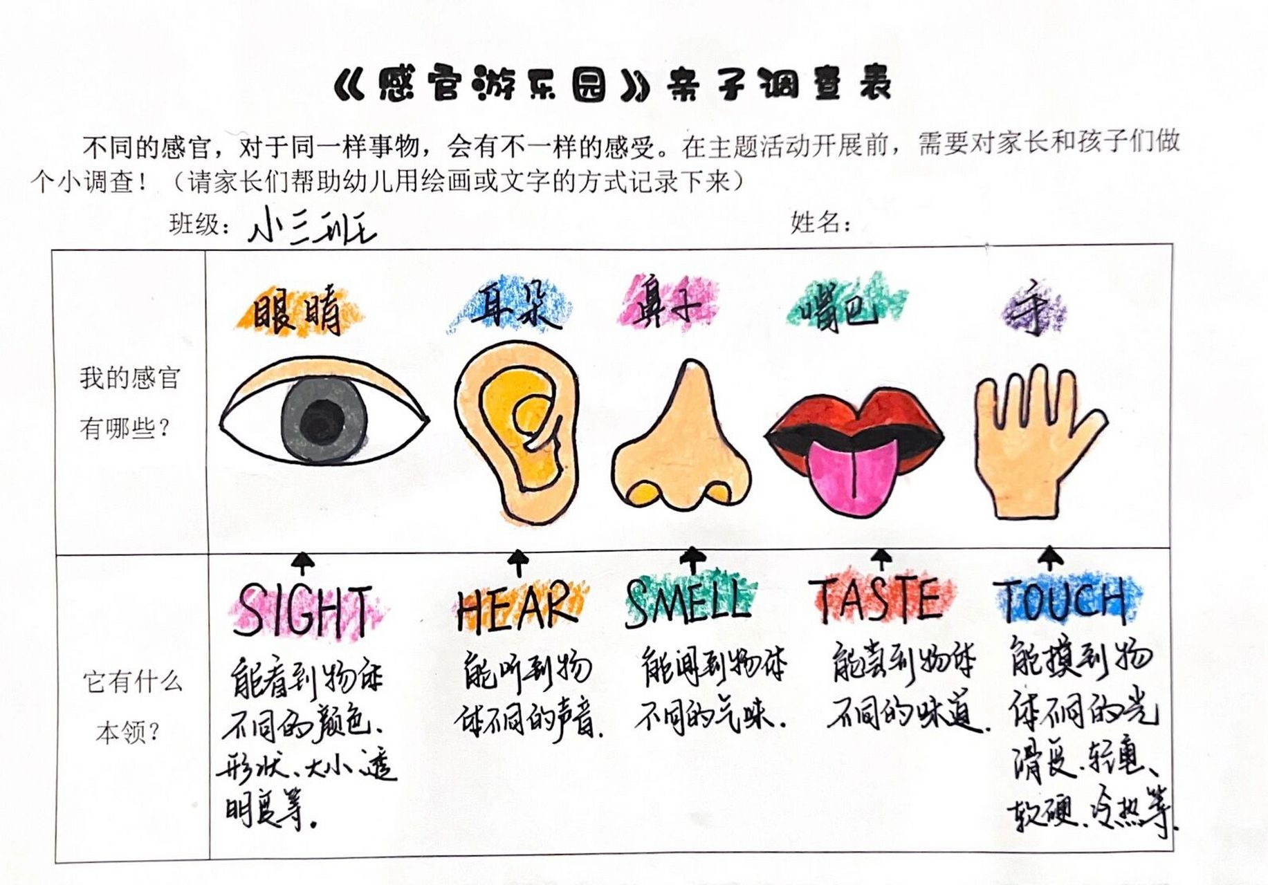 《感官游乐园》亲子调查表 不同的感官,对于同一样事物,会有不一样的