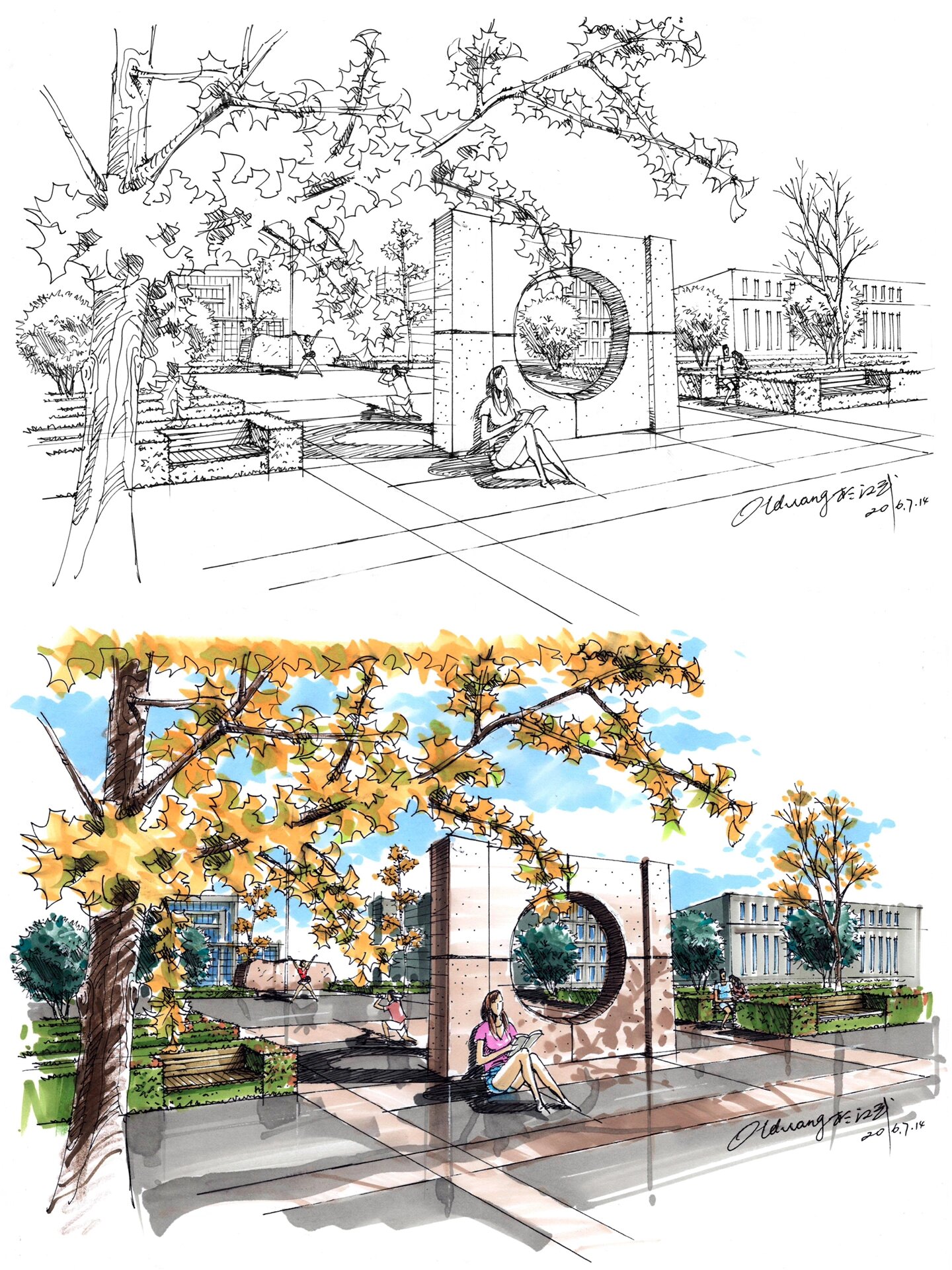 (马克笔上色步骤51期)校园环境景观设计手绘