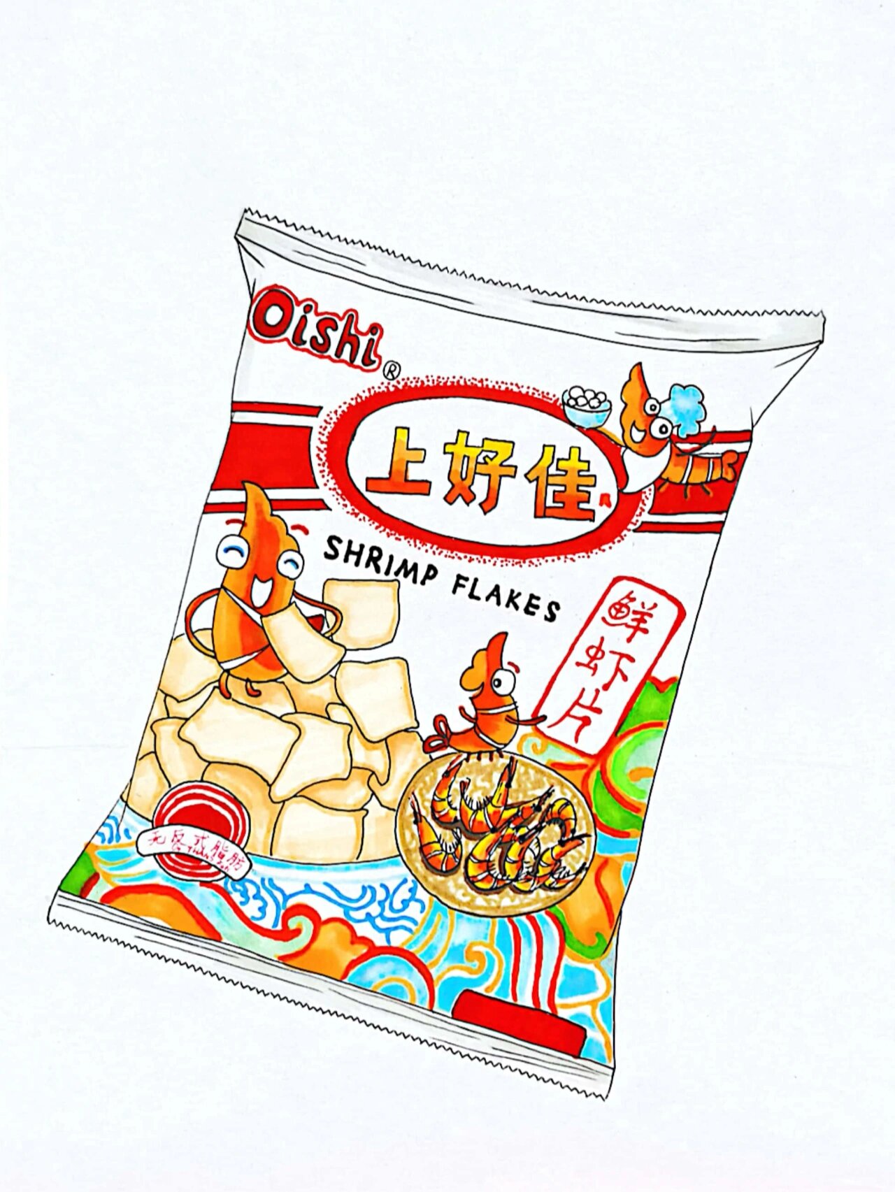 上好佳鲜虾片 零食 写生步骤图