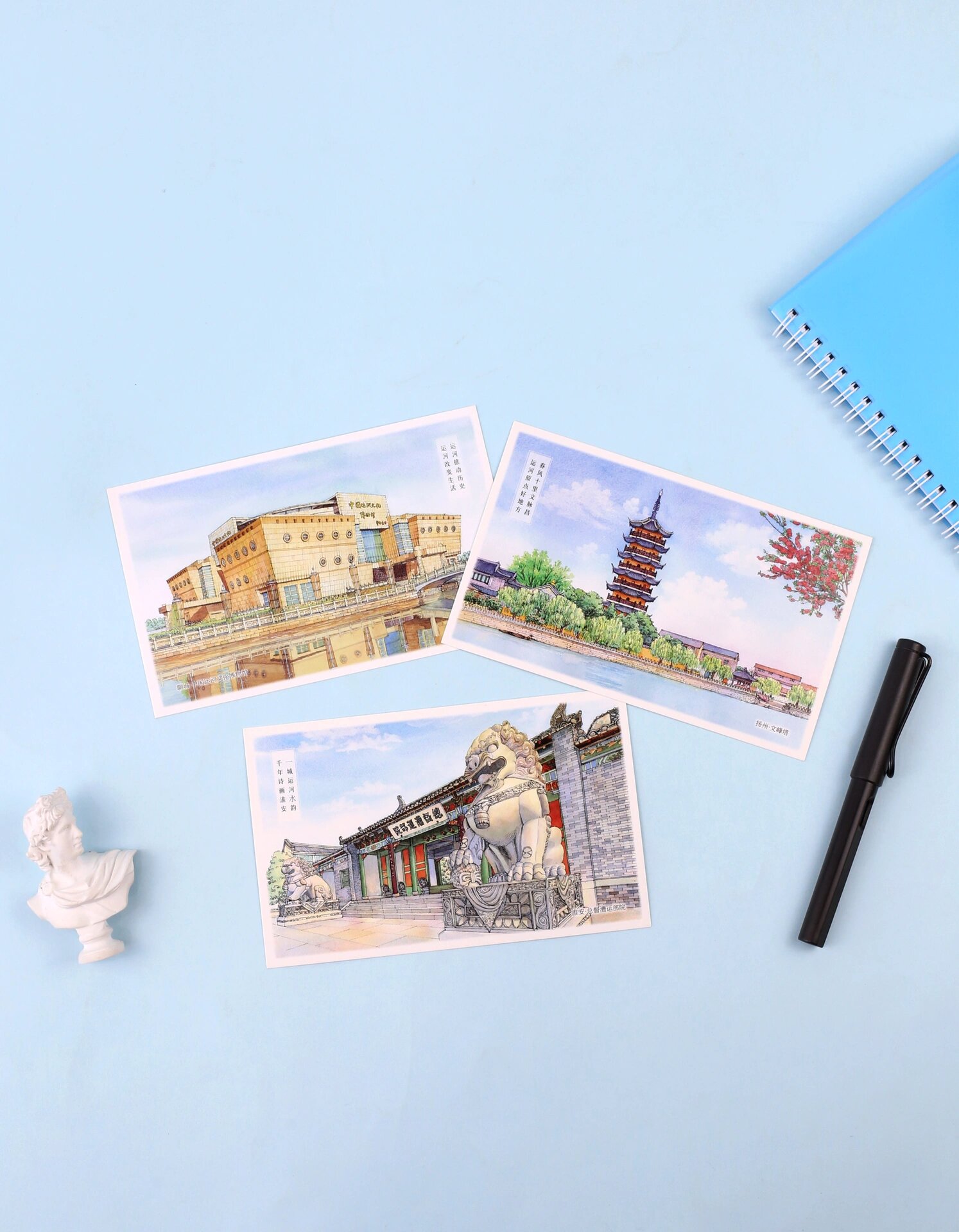 千年运河|京杭运河手绘明信片  大运河北起北京,南达