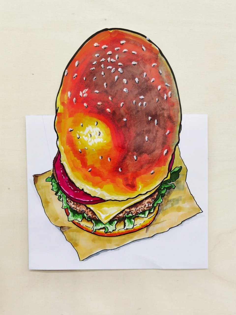 马克笔《汉堡》3d画 | 绘画步骤素材 ①铅笔起稿,纸上画一个梯形(如图