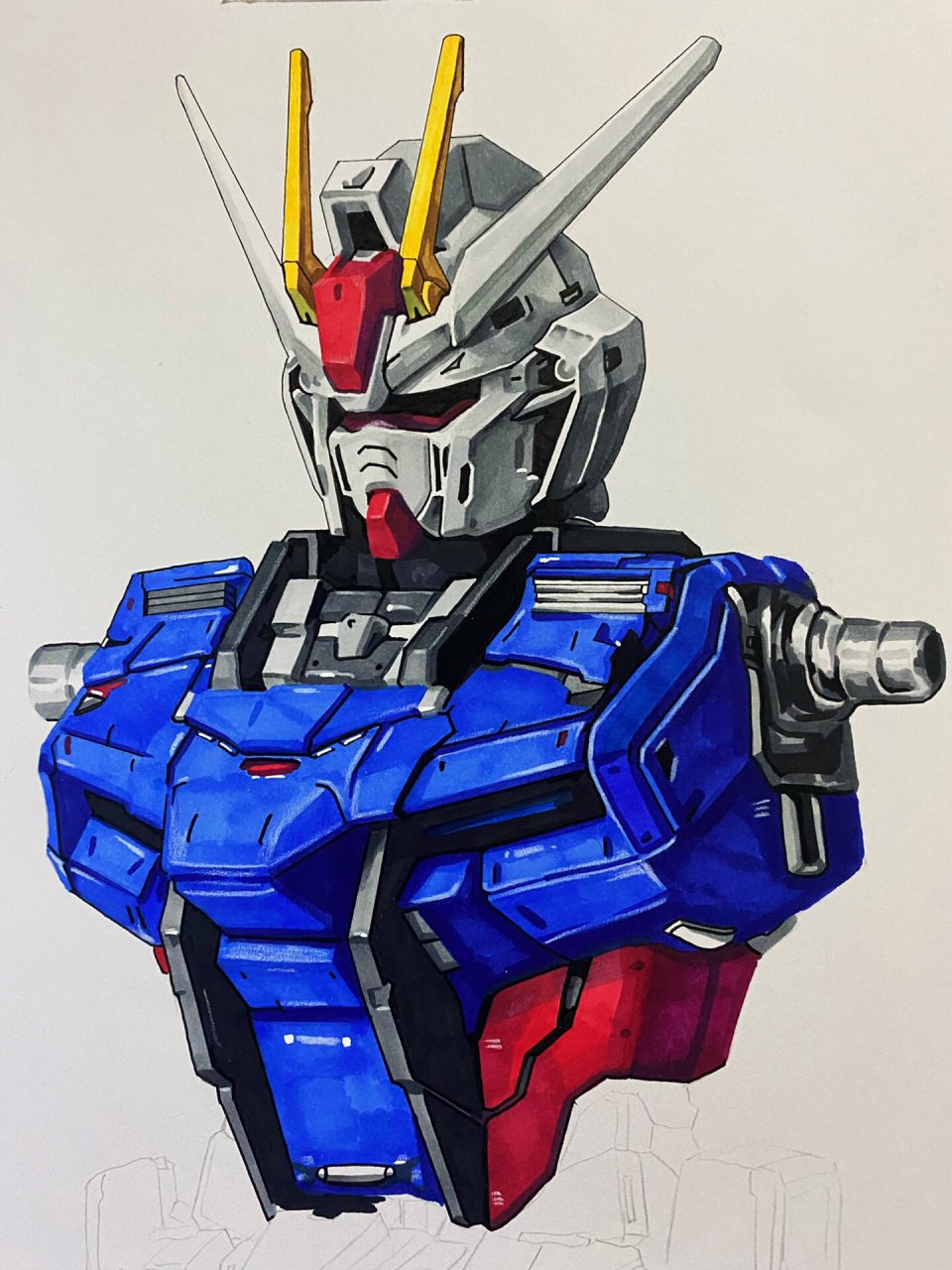 马克笔手绘高达 强袭 画个简单一点的 原图在最后 大家喜欢的可以拿去
