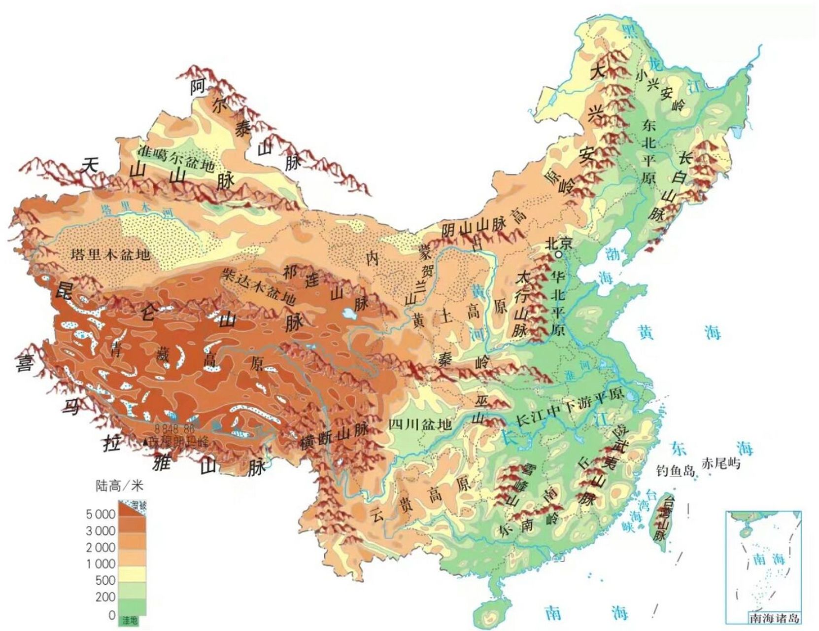 四大高原:青藏高原,云贵高原,内蒙古高原,黄土高原 四大盆地:塔里木