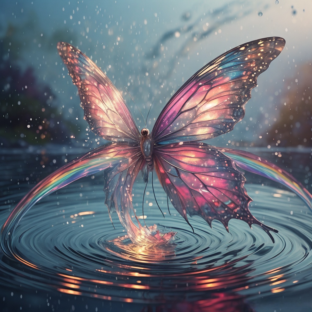 一只色彩斑斓的蝴蝶,在水面上翩翩起舞,翅膀轻轻一扇,荡起一圈圈梦幻