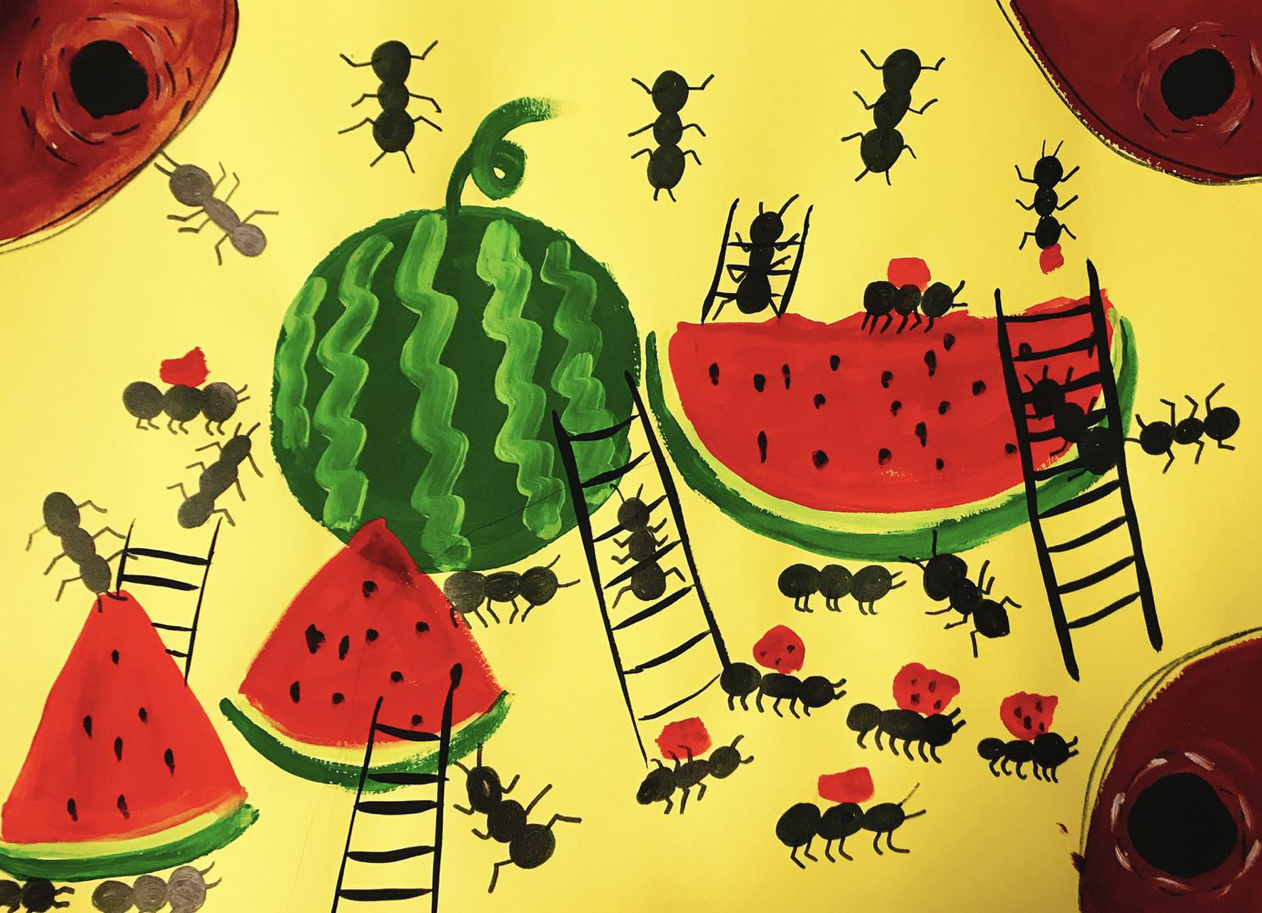 《蚂蚁搬西瓜》3-5岁 这幅作品在开始起型的时候并不复杂 细化我们