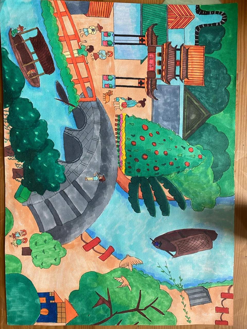 简笔画|作品《我的家乡》 非专业,勿喷,帮弟弟完成作业,画了一幅家乡