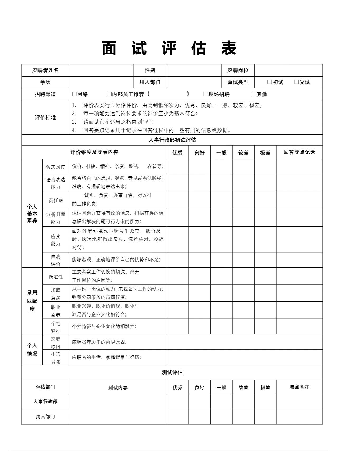 正规面试评分表模板