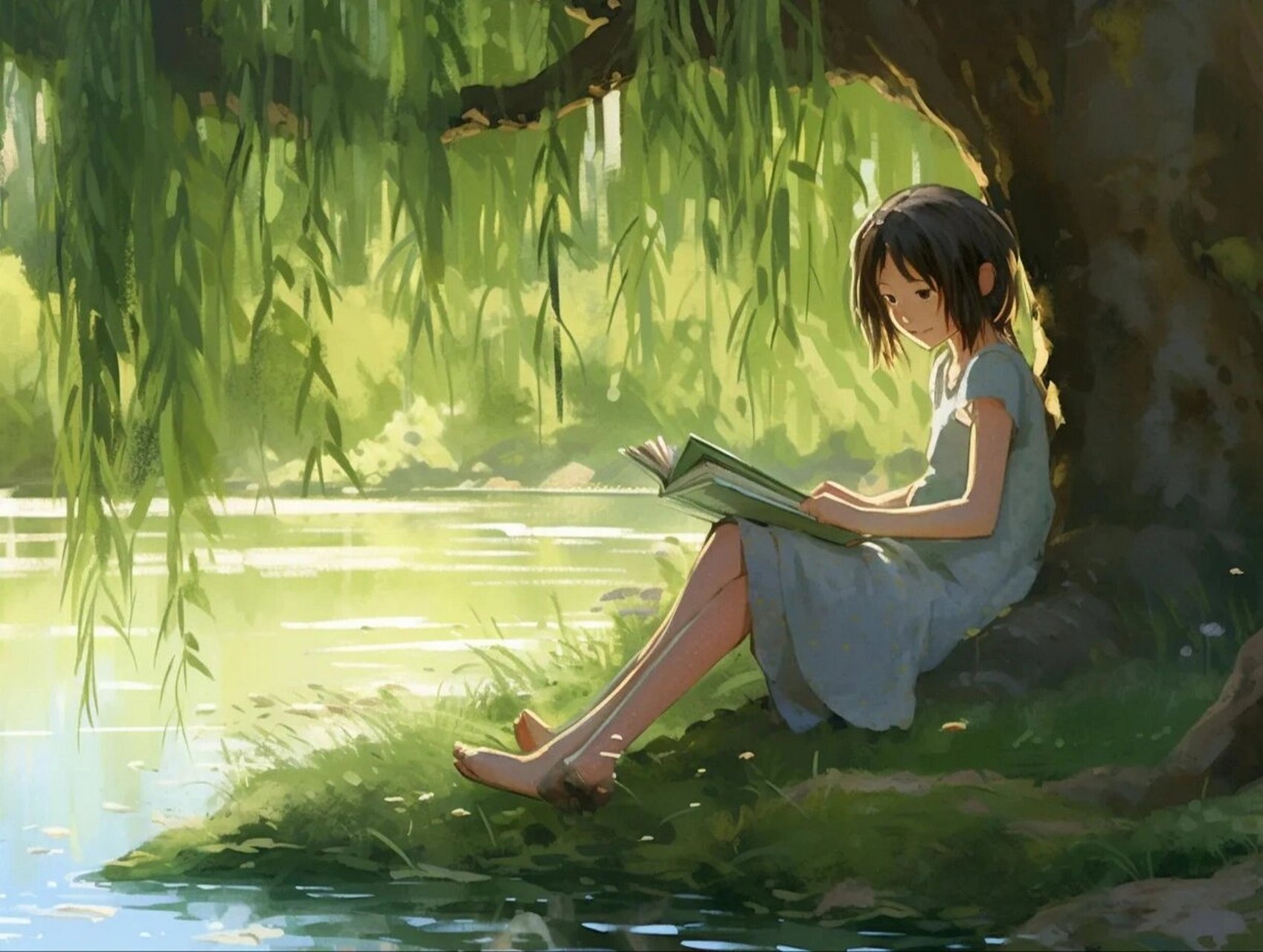 ai绘画-大树下读书的小女孩
