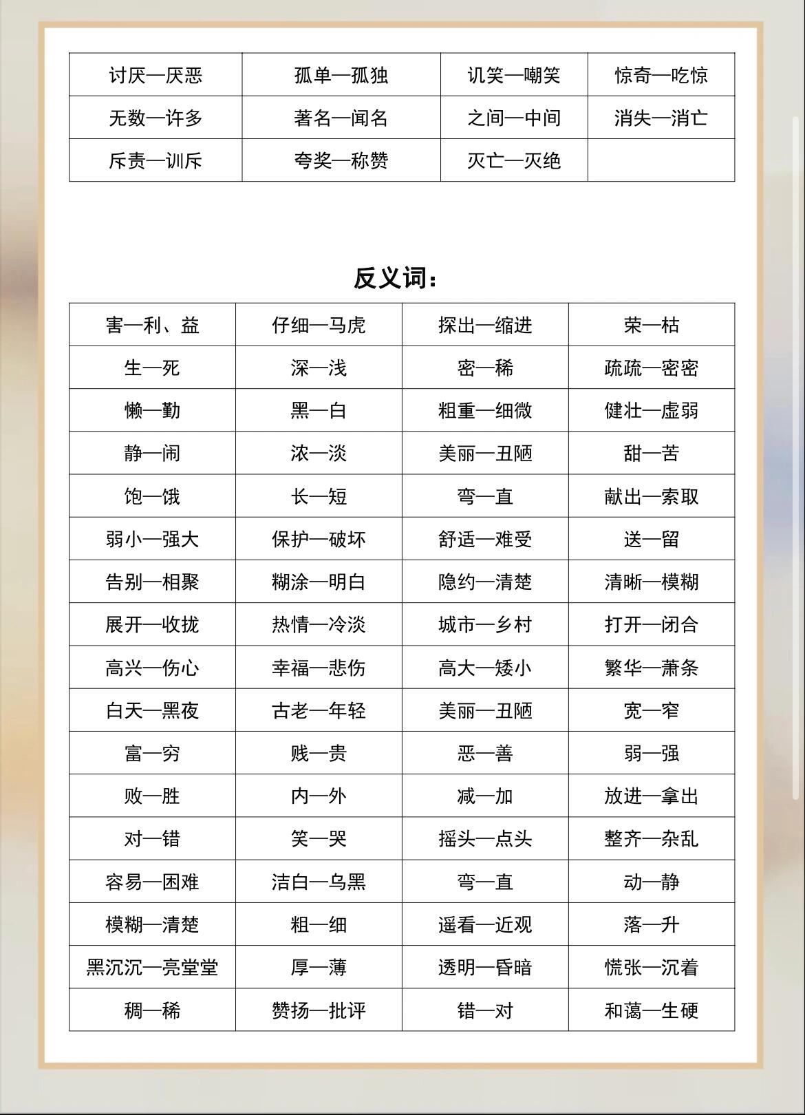 二年级语文近义词和反义词汇总