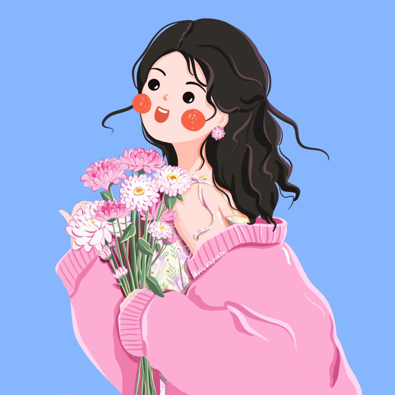 插画头像 | 捧花花的可爱女生头像91566九宫格 花与少女 一些花花