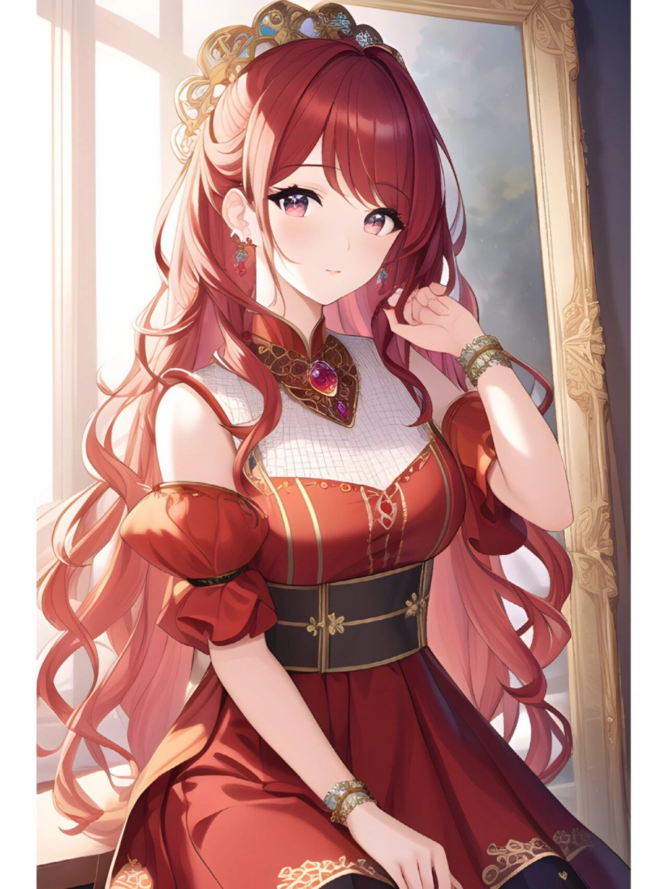 红色高贵连衣裙女子,动漫二次元绘画人物