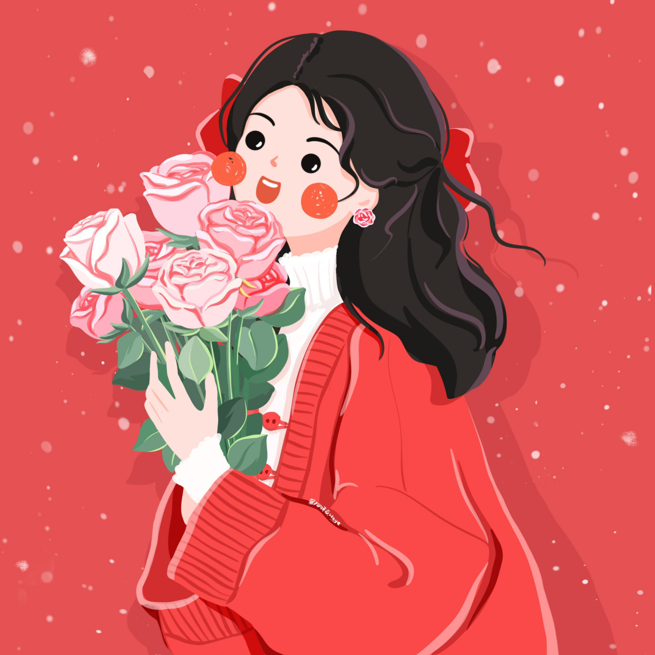 插画头像 | 手捧玫瑰的可爱女孩 背景多种配色供大家选择~      插画