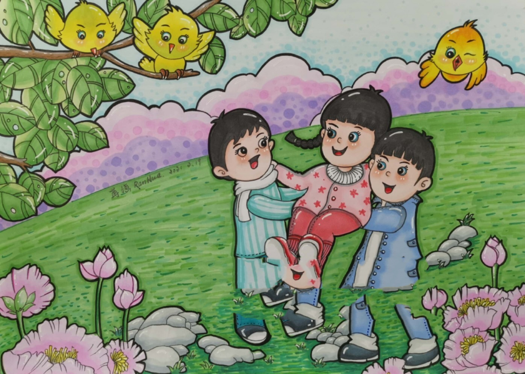 马克笔儿童画 好朋友 三个好朋友女孩一起玩耍 工具: a4白卡纸   樱花