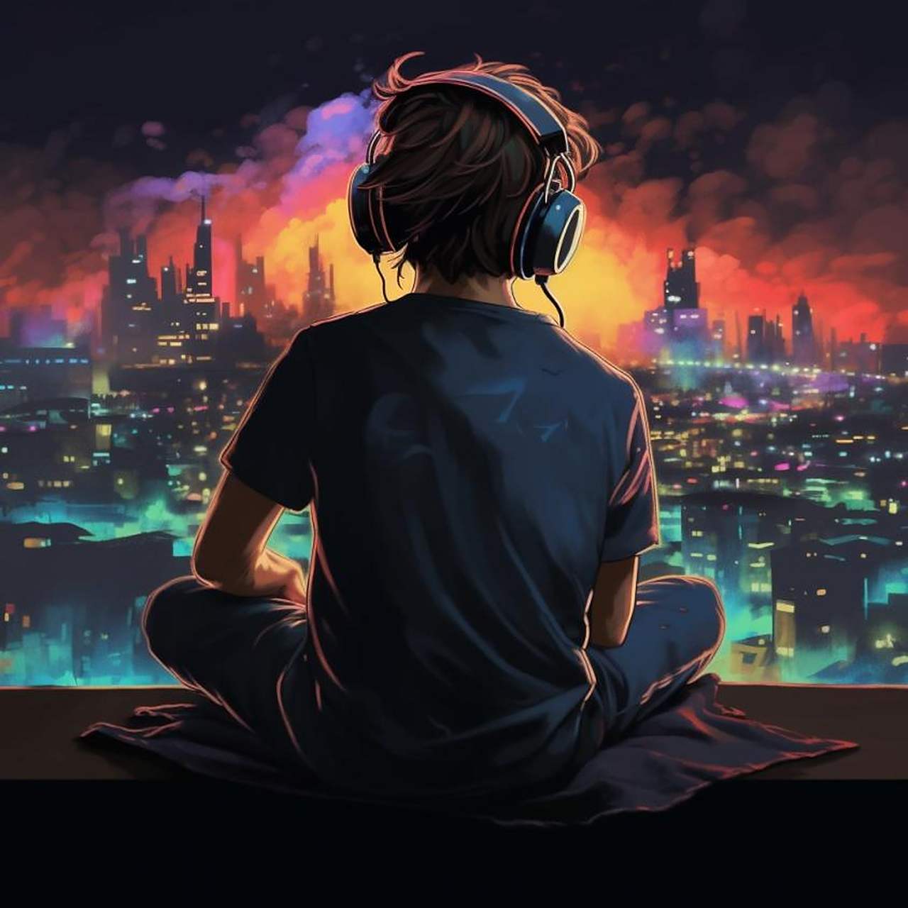 戴耳机看夜景的男生 ai绘画男生头像头像