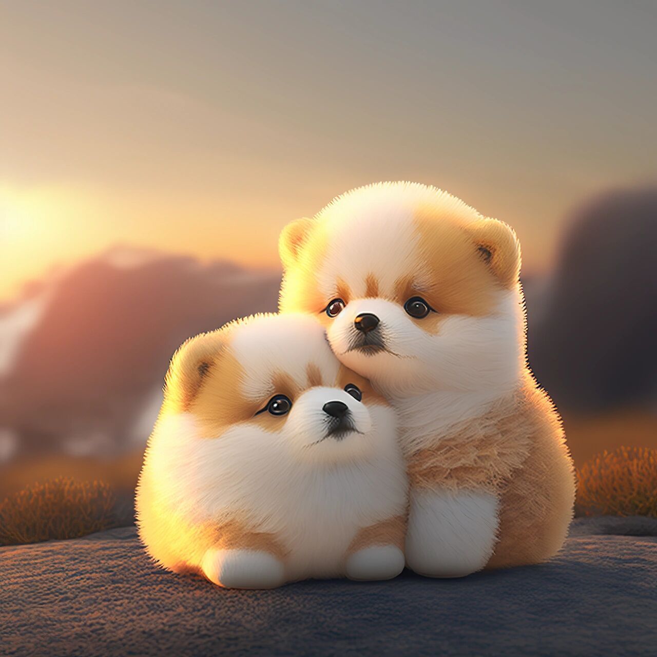 夕阳下,两只可爱的小狗狗 夕阳下的小狗狗