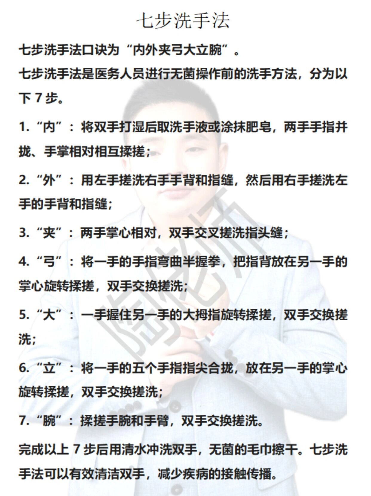 七步洗手法! 七步洗手法口诀为:"内外夹弓大立腕"