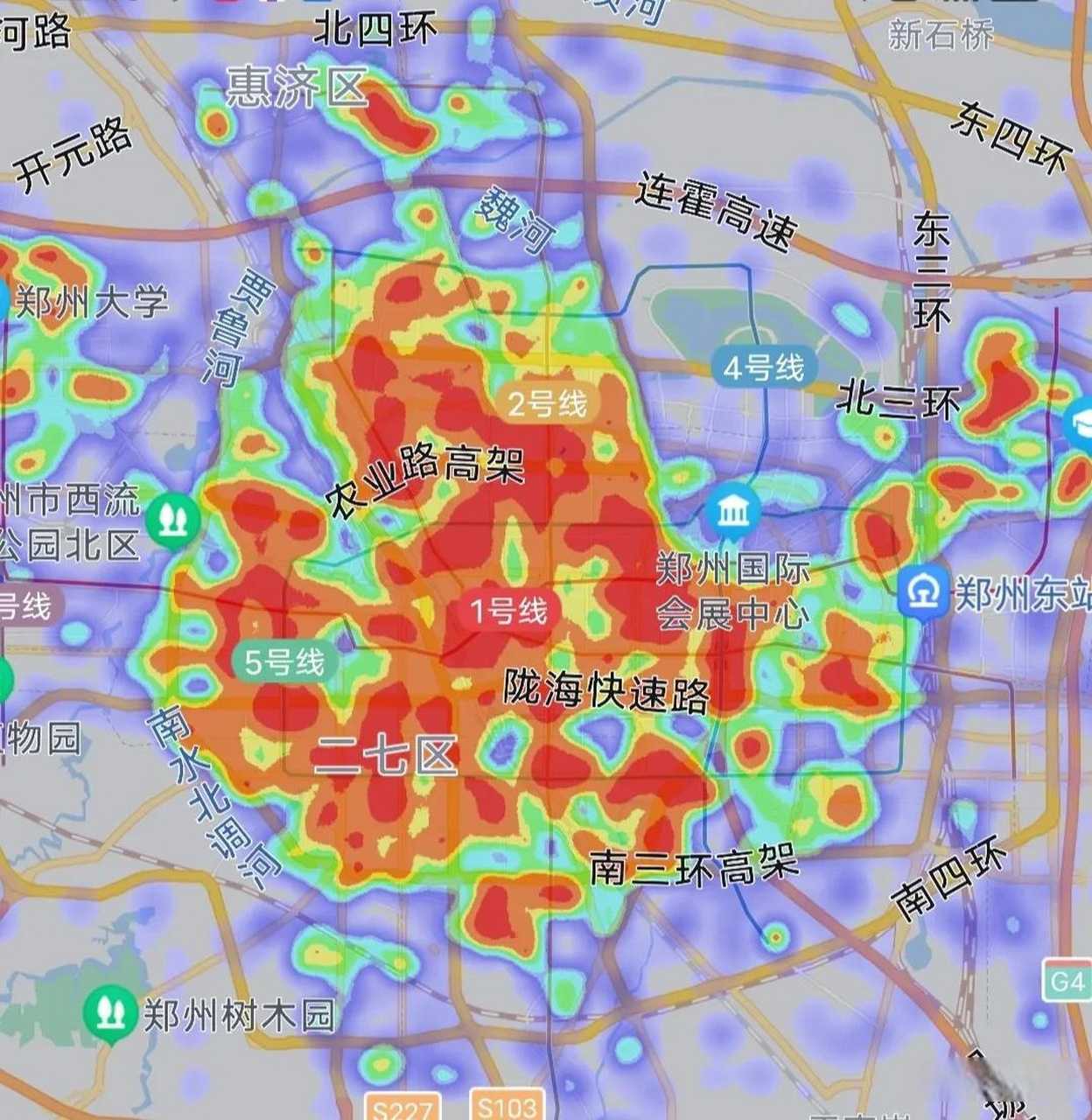 郑州济南热力图对比,晚上22:42分同比例尺下,我们来看看两座城市有
