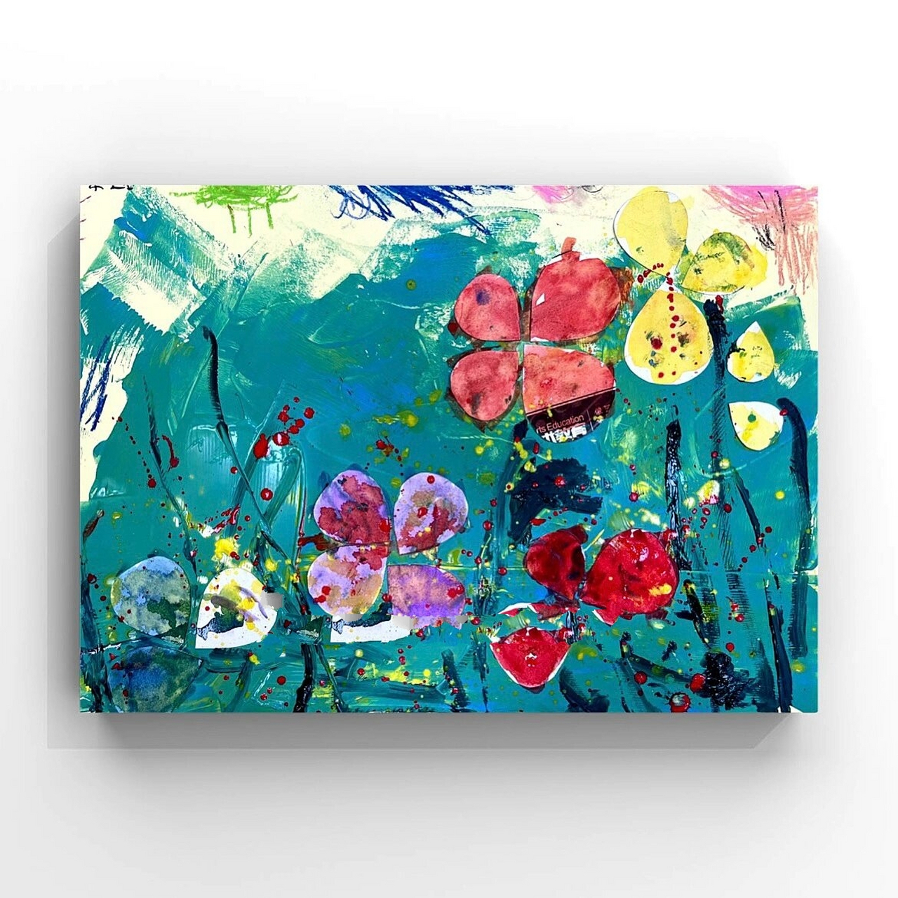 儿童画《美丽的花丛》3-4岁 小班小朋友作品 1,水粉颜料用滚轮滚动