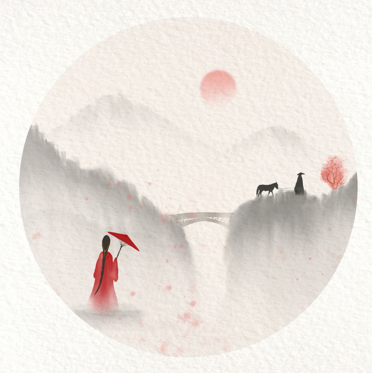 ipad古风山水插画—撑伞接落花